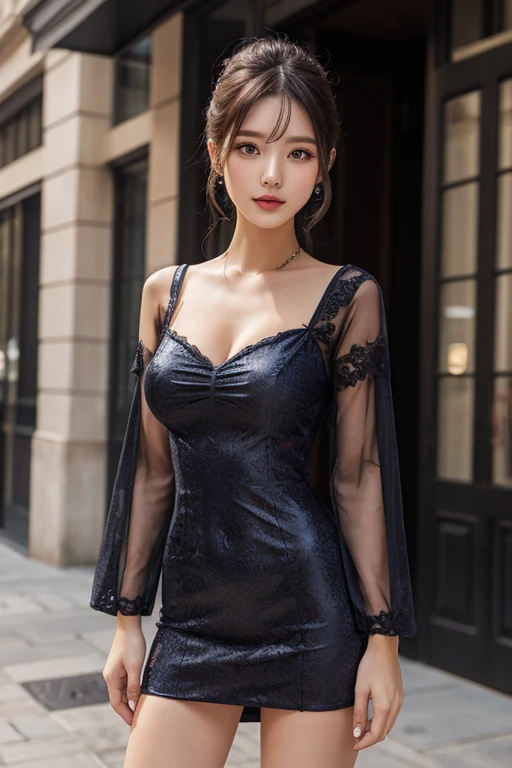 8K, Masterpiece, RAW photo, Best quality, detail:1.2),Photorealistic, Extremely detailed Cg Unity 8K wallpaper, Depth of field, Cinematic light, Lens flare, Ray tracing,
(Extremely beautiful face, Beautiful lips, Beautiful eyes), intricate detail face, ((ultra detailed skin)) 1girll, In the dark, deepshadow,
Pretty Korean girl, Kpop idol,(Very slim and slender muscular body:1.3), ((view the viewer)),(Big smile), (Tight midi dress),(Hot pink dress), (Injection sleeve) , (City Night, (neon lights sign), (Night), Pretty Korean girl, Carry a Hermès bag, White diamond earrings, Diameter bracelet, Dia necklace, Pantyhose, Clear eyes, Walking , front footage, (Pale skin), Face forward, (Big eyes), ((upperbody shots)), ((laced )), tightly dress