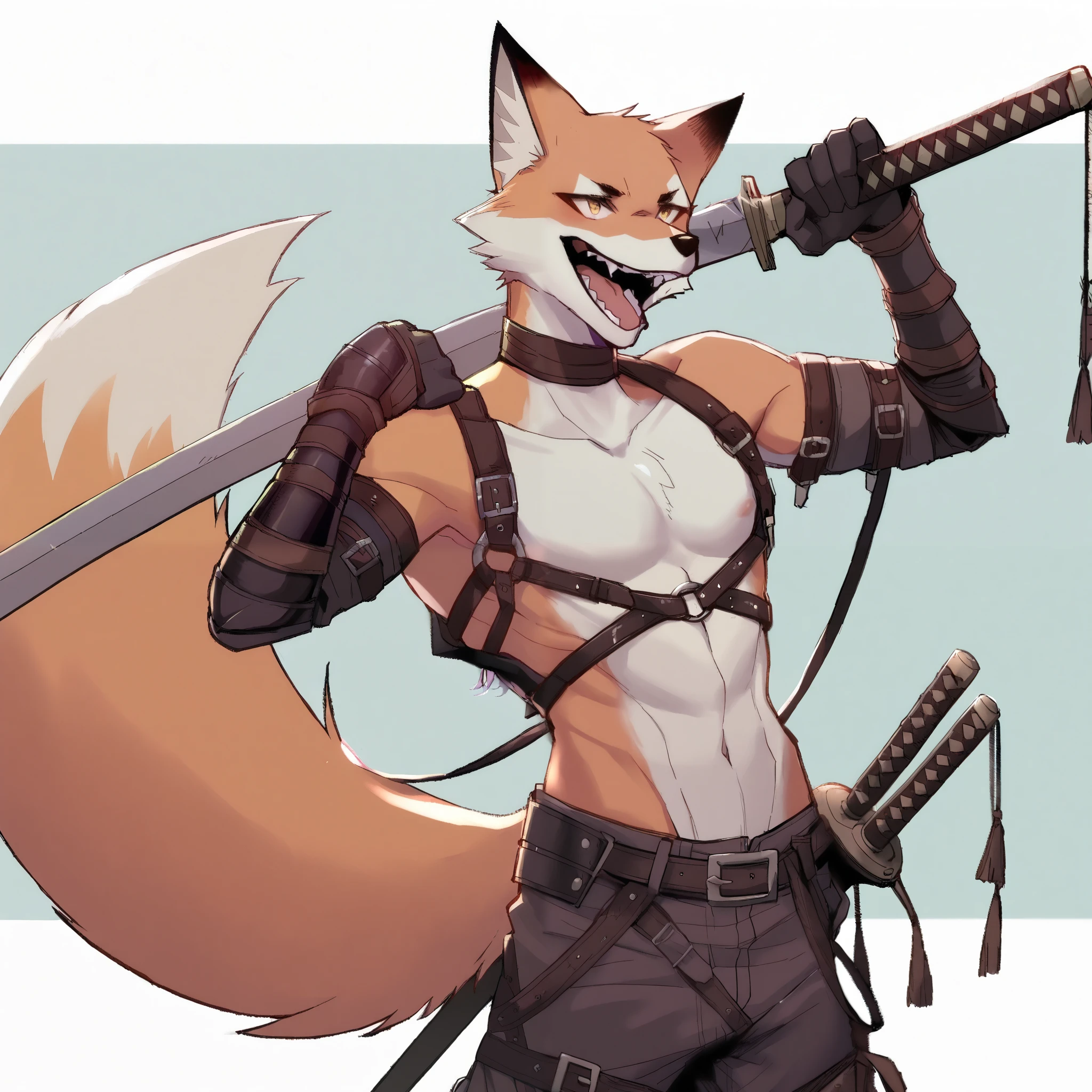 
slender anthropomorphic orange fox with open mouth wearing shirtless leather strap armor holding a nodachi