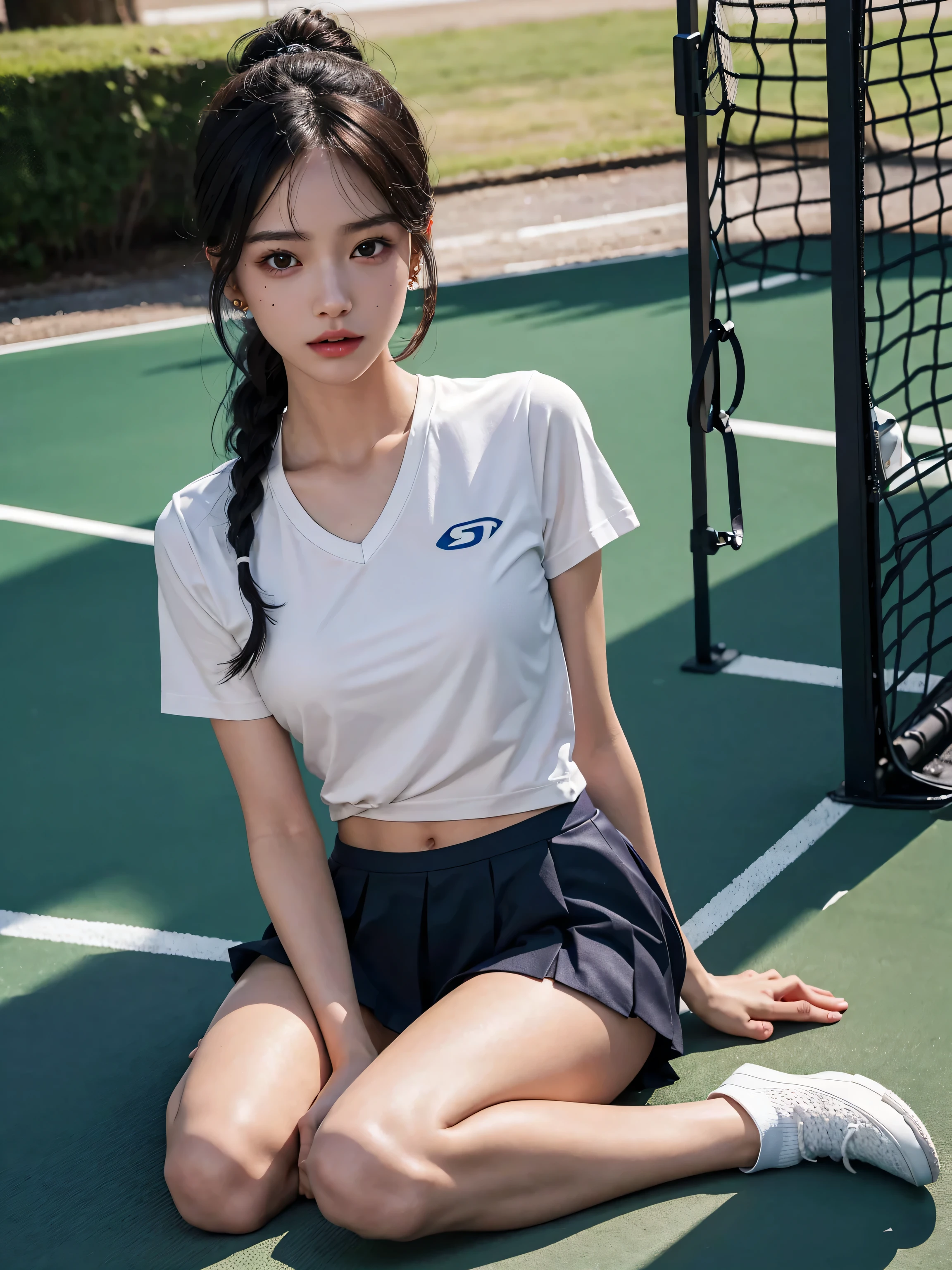 ((masterpiece: 1.3),8K, Realistic, RAW Photos, Highest quality: 1.4), (One Girl), beautiful顔, (Realistic Face), (Brown long hair: 1.3), bangs, Tennis court、Tennis ball、(((Tennis Wear, White polo shirt, White sneakers, White mini skirt, )))、Perfect dynamic composition,(High quality with attention to detail, Realistic depiction of eyes:1.3)、whole body、The whole is facing forward、21talent、beauty、Well-formed face、Bangedium Build、Balanced ratio、beautiful足、Fresh face、beautiful景色、beautifulヘアスタイル, (bangs), (smile), smile, Realistic eyes, Gloss, highlight, highlight in the Eyes, eyelash, 目の中のbeautifulディテール, (Realistic Skin), Shooting from the air、beautiful肌, Transparency、(beautiful)、 bust, smile, teeth, Confused, charm, 超High resolution, Ultra-realistic, High resolution, Golden Ratio, Clear eyes, Wet, Mole, Looking into the camera, ear, Shine, Long neck, double eyelid, Big eyes, cheek, kind character, charm personality, kind, Move, 圧倒的なcharm, bright personality