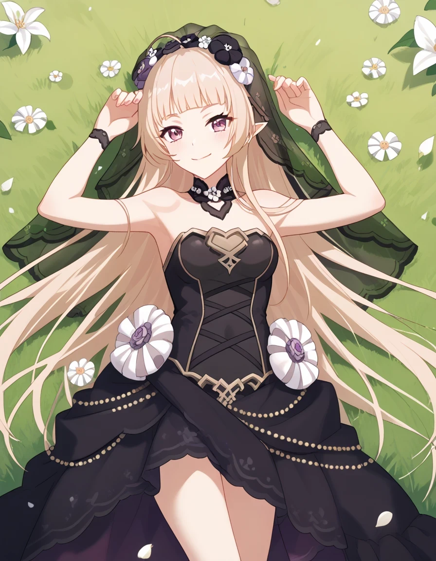 YukiCeremonial, blond hair, long hair, bare shoulders, black dress, bridal veil, black veil, hair flower, strapless dress, game screencap,  shiny skin, high quality, solo, lying, on back, arms up, legs apart, closed mouth, on grass, cowboy shot, looking at viewer, smile, best quality,
