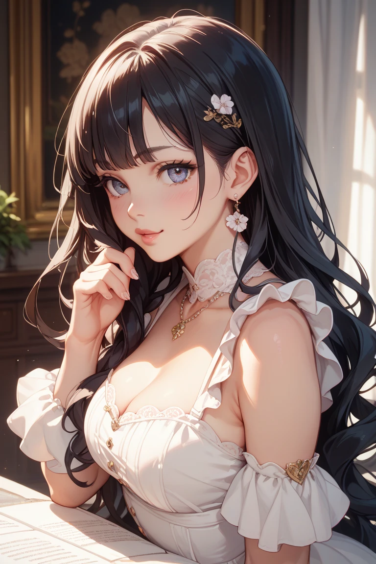best quality, highres,Slender、Brown eyes、tall、Black Hair、(Long Hair:1.3),Straight Hair、7 life size、、White floral bra、slouch、Looking up、No hair accessories