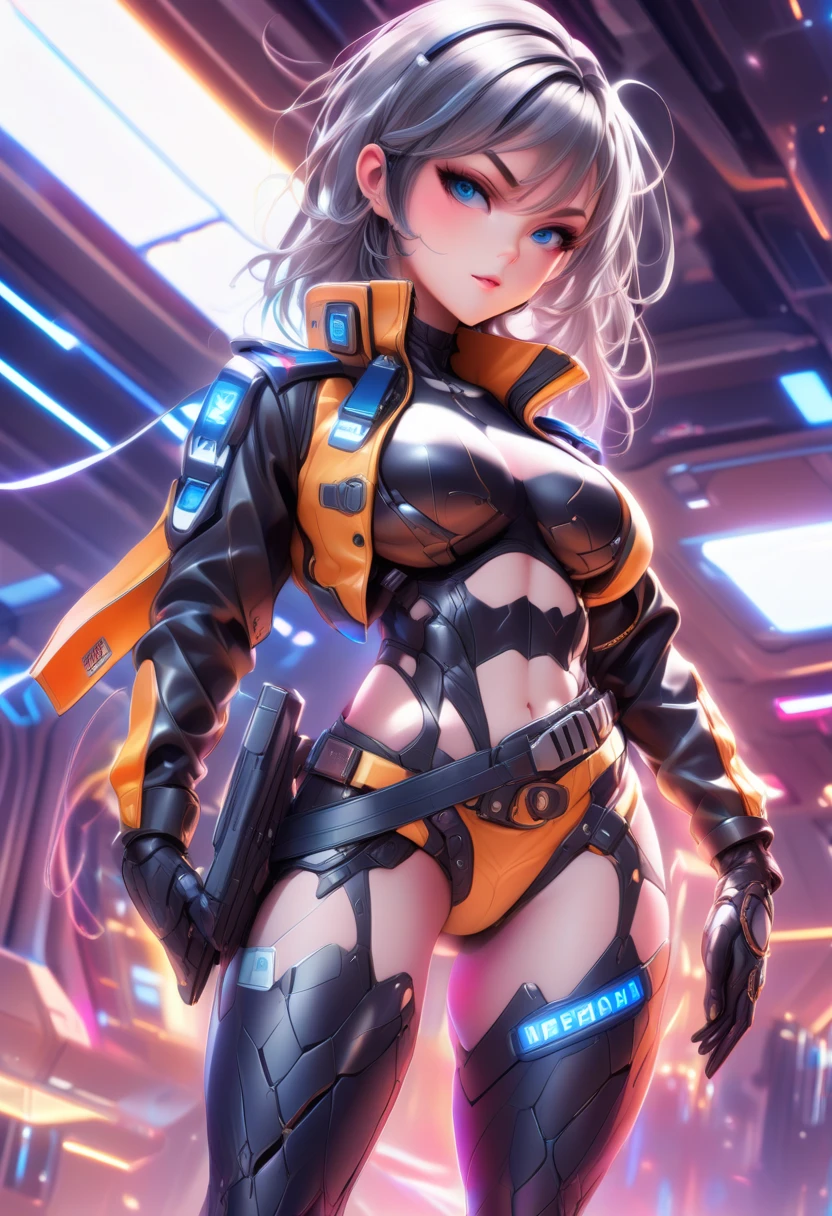 best quality, 8k, photography, beautiful eyes, delicate eyes, Giant 3D printer, 1 girl, cyborg, whole body, Perfect body, running, medium breasts, top audience, orange and black armor