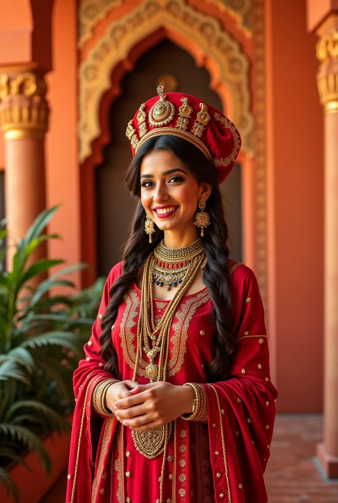 DSLR photo of a plump Arab queen, Amazing gorgeous face, wear many (Bright) Complements, Huge split, cute smiling pose, In a castle, real, bright colors, At dusk, Edge lighting, Masterpiece, 4K, Very detailed