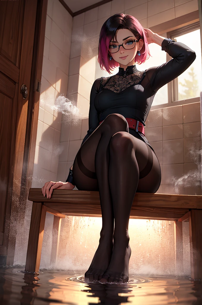 looking at viewer, solo, anya, 1girl, ((nude)), ((10 years old)), ((very drunk)), ((staggers)), ((drank too much)), ((exhausted)), ((agitated)), ((ate too much)), pink hair, Green eyes, off shoulder, pink pul, black pantyhose, ((standing)),