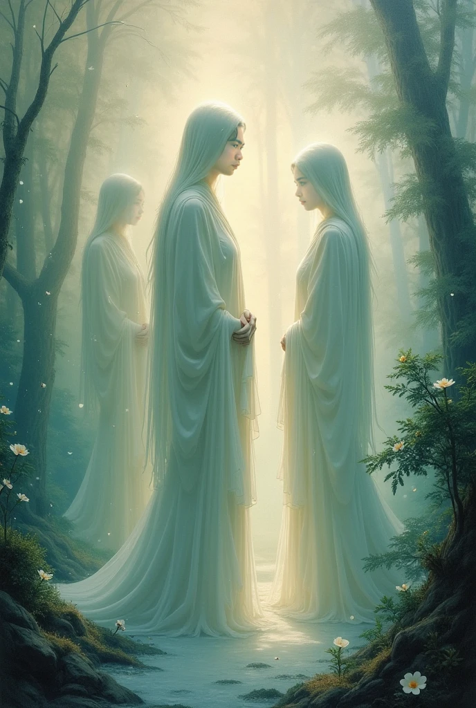 Two veiled women fantasizing with a man in the forest