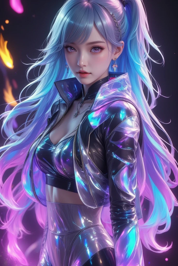 Solo, 1 Doll organism female body, best qualityer, beautiful light up, profesional lighting, photon maping, Radio Siddard, The physical rendering is based on Nanazuna。, 1 female humanoid, rim, black black jacket, Black shirt, Black  shorts, blue color eyes, Diamond stripes, Breasts, Neckline cut, Hollow out clothing, Crop top, cel shadow, Dam, Gradient hair, whaite hair, Hair rings, jaket, light violet hair, looking at viewert, putting makeup on, multicolored hair,  nabel, with her mouth open, red shadow, Camisa, Shorts, Sleeveless, sleeveless turtleneck, sleeveless turtleneck, little breast, Solo, stomach, High throat, Turtleneck sweater harvest top, two tone color hair, Vampires, photo RAW, 8K  UHD, Film Particle, ((Very strong backlight, llight rays, Take the keys))), Close up