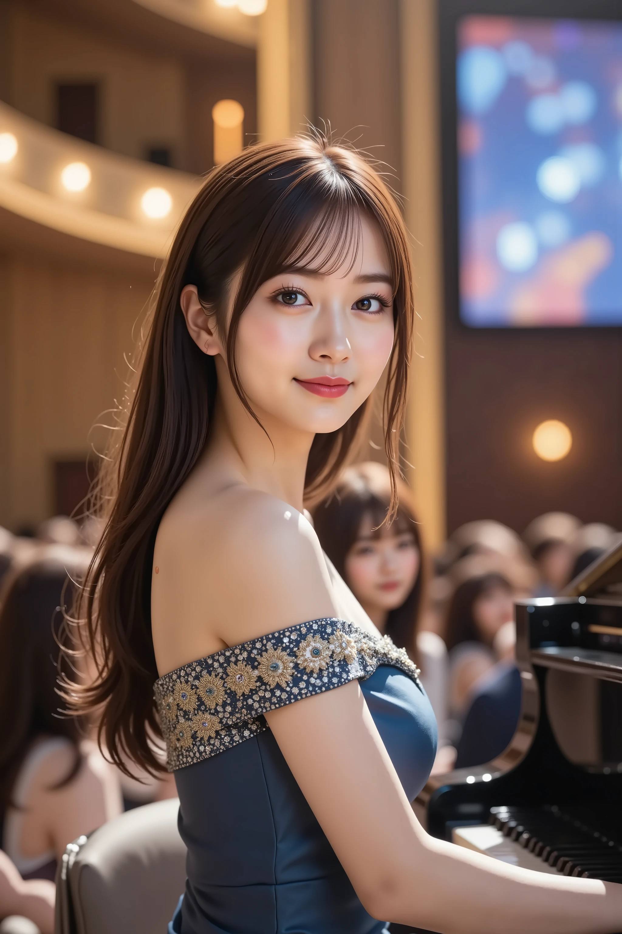 A highly detailed, ultra-realistic digital illustration of a beautiful young Asian female pianist performing on a grand, brightly lit concert stage. She is depicted from the waist up, with her long, voluminous chestnut brown hair cascading in soft curls, a few strands elegantly framing her delicate face. Her almond-shaped eyes focus intently on the piano keys, reflecting deep concentration and passion. Her soft pink lips are slightly parted, immersed in the music's emotion.
She wears an elegant, flowing gown of shimmering deep blue and silver satin, complementing the stage's grandeur. The intricately embroidered bodice sparkles under the lights. Her slender fingers glide gracefully over the grand piano's glossy keys, her poised posture conveying technical mastery and heartfelt emotion.
The polished black grand piano reflects the surrounding stage lights, its open lid revealing intricate mechanics. A small, elegant microphone nearby captures the nuances of her performance.
The background showcases a grand concert hall illuminated by warm, golden stage lighting casting a soft glow. Spotlights highlight the pianist and piano, drawing attention to the performance's center. Rows of seats fade into darkness, faint audience silhouettes visible in the distance. A large, curved LED screen behind displays abstract visuals of flowing lights and ethereal colors, enhancing the enchanting atmosphere.
The composition is balanced, with the pianist and grand piano centrally framed, allowing appreciation of her expressive performance and the immersive concert hall ambiance. Rendered in stunning 8K resolution, the image captures every intricate detail with pristine clarity, from individual strands of her curled hair to delicate reflections on the piano's surface.