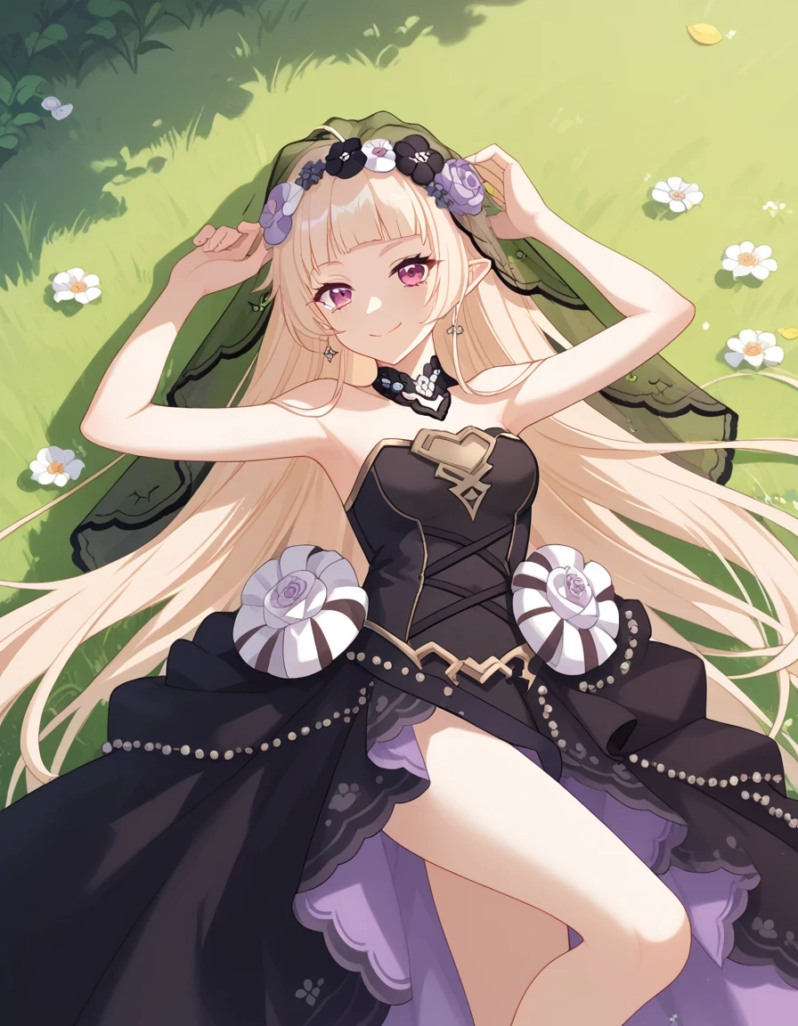 YukiCeremonial, blond hair, long hair, bare shoulders, black dress, bridal veil, black veil, hair flower, strapless dress, game screencap, shiny skin, high quality, solo, lying, on back, arms up, legs apart, closed mouth, on grass, cowboy shot, looking at viewer, smile, best quality,