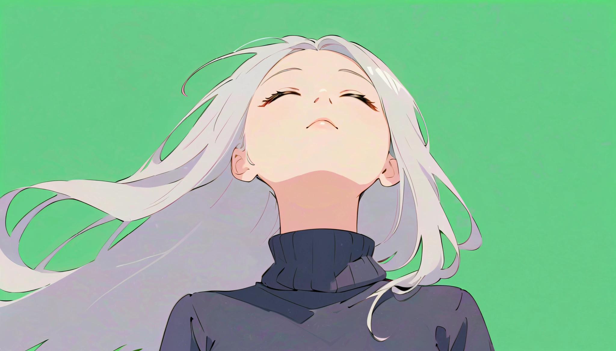 flat color, 
1girl, solo, 
silver long hair, closed eyes, 
looking up, upper body, 
from below, turtleneck sweater, 
simple background, green background, 