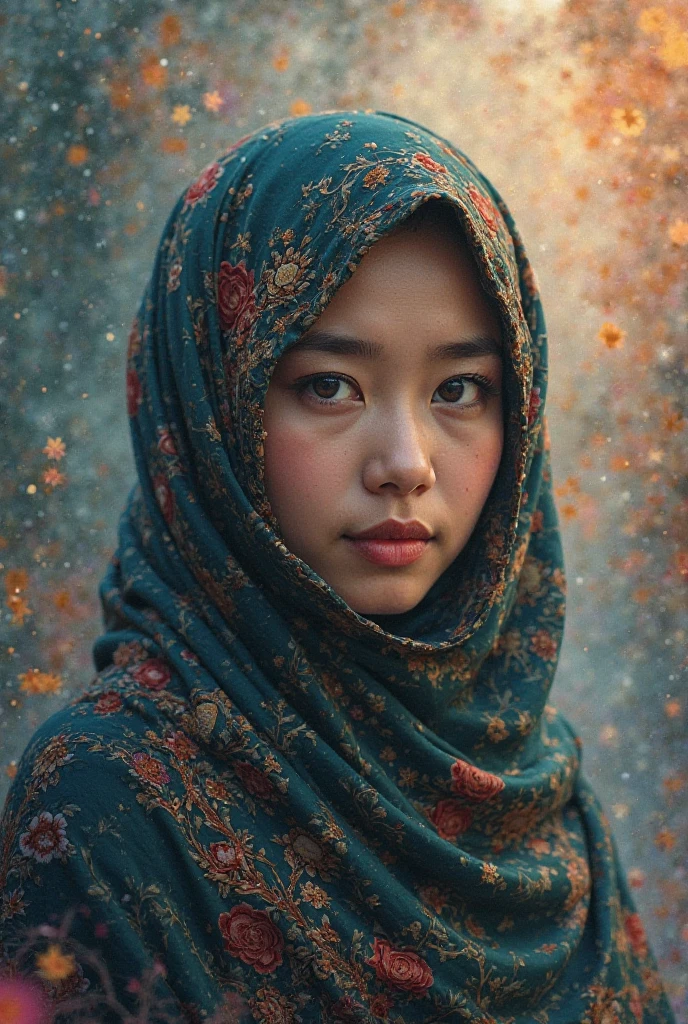 1 malay girl , modern plain hijab, shy, medium portrait shot , watery eyes ,droopy eyes, watery, lip glossy, sad face, ((big breast)), wear java wedding woman in kebaya , (big breast) , flower garden background, bokeh background, proportional body,