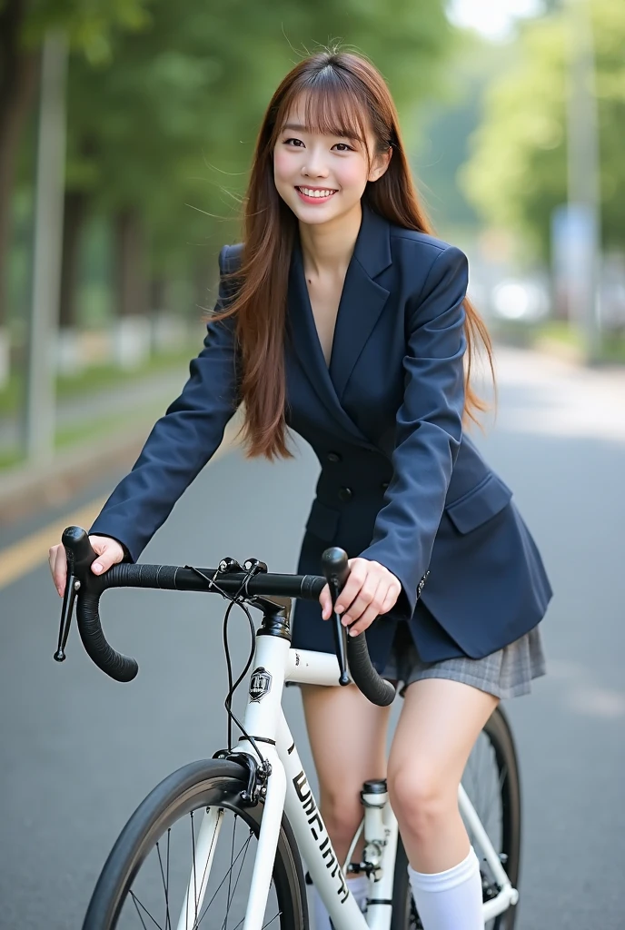 (RAW Photos), (Realistic), (masterpiece), (Highest quality), High resolution, 8k resolution, (Exquisite detail), Exquisite bicycle structure,semi-up handle, One handle,(Volumetric Light), woman, Age 35, short hair, Straight hair, Brown haired, Very thin, Very white and clear skin, Source Sequence,Ultimate beauty,Cute like an idol, smile, (office suits), Sit in the saddle,Beautiful Japanese office lady, Pleated skirt, Random Color, Cute Face, Real Light, Correct Anatomy, Detailed legs, Detailed skirt,ride a bicycle:1.4、Mommy bike:1.5, There is a basket, Low saddle,Moving bicycle, (((A very simple city bike:1.5))),Pedaling,Hold one handle with both hands,Look straight ahead, (((Low angle 1.4))), In the city, (((I can see her panties))), very beautiful long legs, (((From quite below:1.4))), Thin thighs, womanを下から見上げる視聴者,(((Low angle full body shot, Black pumps,From quite belowの角度, focus on the saddle, Zoom from ground level))), womanは前傾姿勢ではない, Not a car, from the front, 視聴者は下からwomanの股間を見上げる,womanは片膝をあげる, low angle: 1.4, focus her knee,In town, One Bicycle, basic and simple bicycle flame, both hands grip a handle bar
