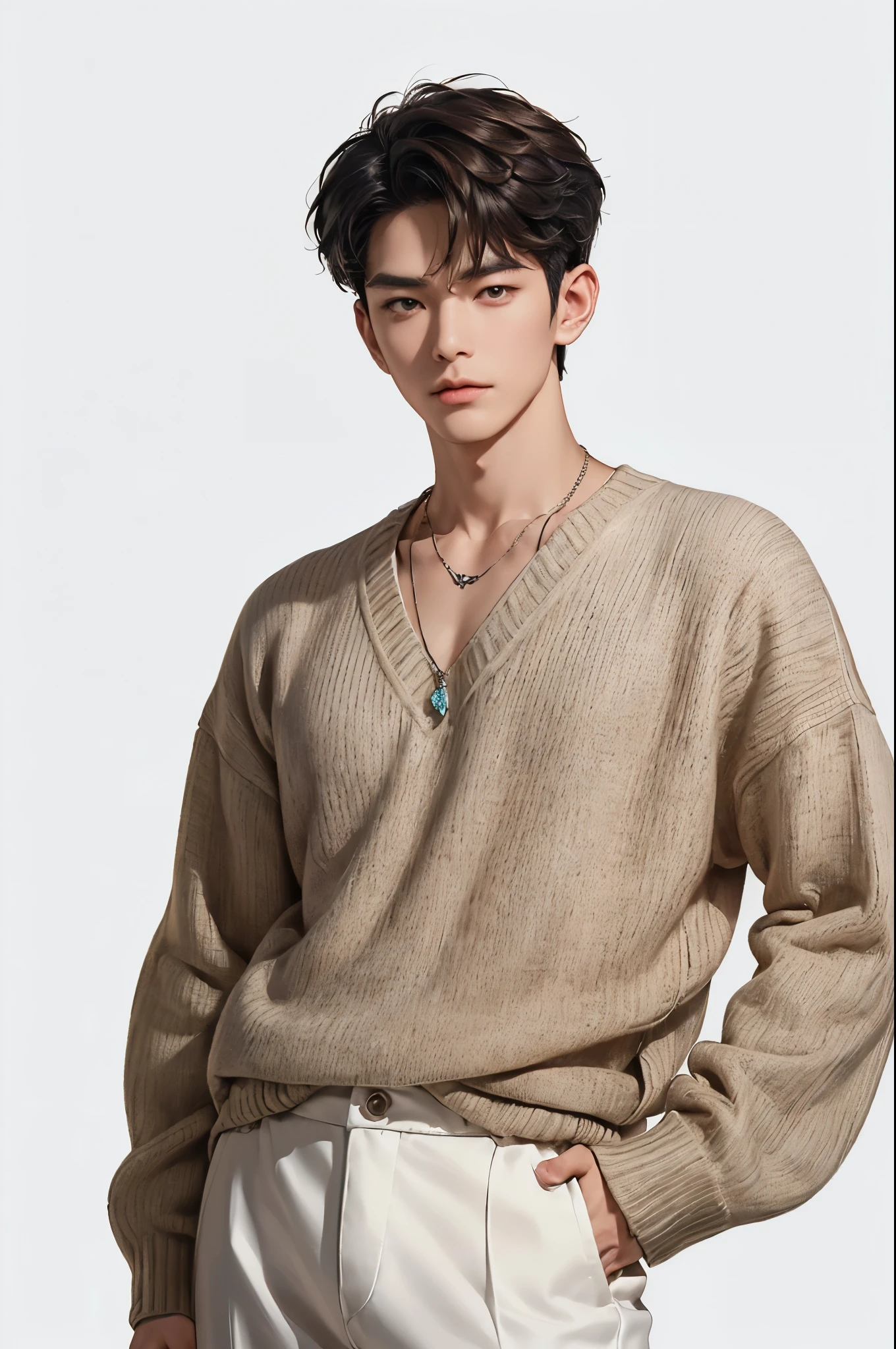 (((4k)) ((very high quality)) ((white background)) (( pants )) Korean, bit of dynamism. His, the man looks older и more serious, Appearance underlines his leadership status...... She has a short , neatly styled brown hair , with small strиs of a slightly lighter shade.
Minjun has strong facial features: expressive brown eyes, with well-defined cheekbones и a square chin. Минджун выбрал Black sweater с мелким узором, Made of thick, which slightly fits his body. He complemented it with classic tapered pants, which give the look a formal look, pattern but remains comfortable and stylish. Minjun can wear multi-layer, look that goes with his sweater, stones, adding versatility to the. One thing with simple pendants, leather and the other with, for example, turquoise or black agate. necklaces. Cuffs are suitable as an accessory, like metal, and made of, which will add audacity and a little aristocrat to the look chic. ((relaxed pose)) ((hиs in pockets.)) (()) (( masculine appearance )) (( Eye details)) (( without background )) ((white background)) ((stиing straight)) ((Face straight)) (( Black sweater))