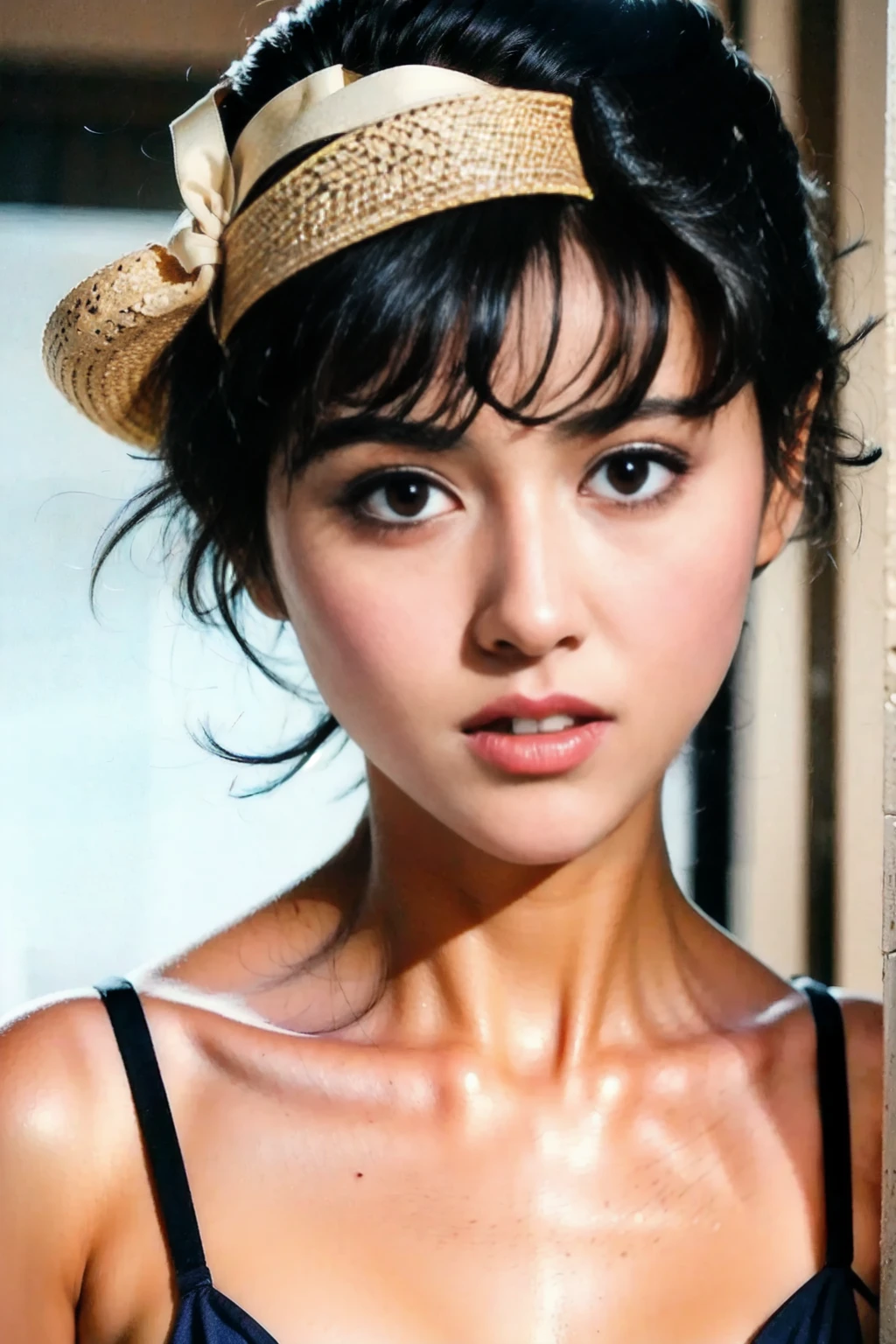 Skinny Japanese 40s woman in a costume of 1960s, cute face, detailed face, detailed eyes, a sepia-toned photo