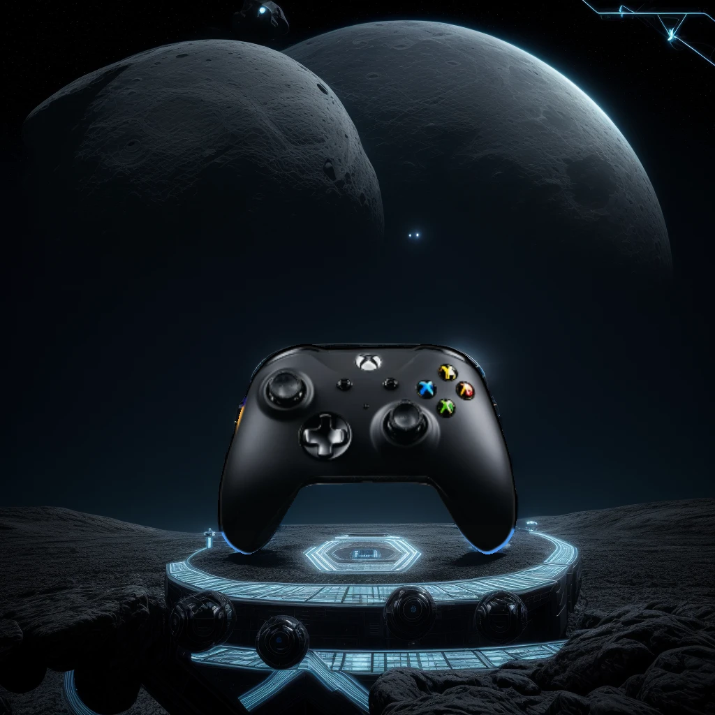 masterpiece, best quality, cinematic photo of Cyber sci-fi style, close-up of a mountain in the distance with a blue moon in the background, stunning alien planet landscape, black rocks with a glowing black mechanical platform on the ground, surreal 3d landscape style, rendered in cinema4d style, minimalist stage design, layered surface, photograph, film, highres