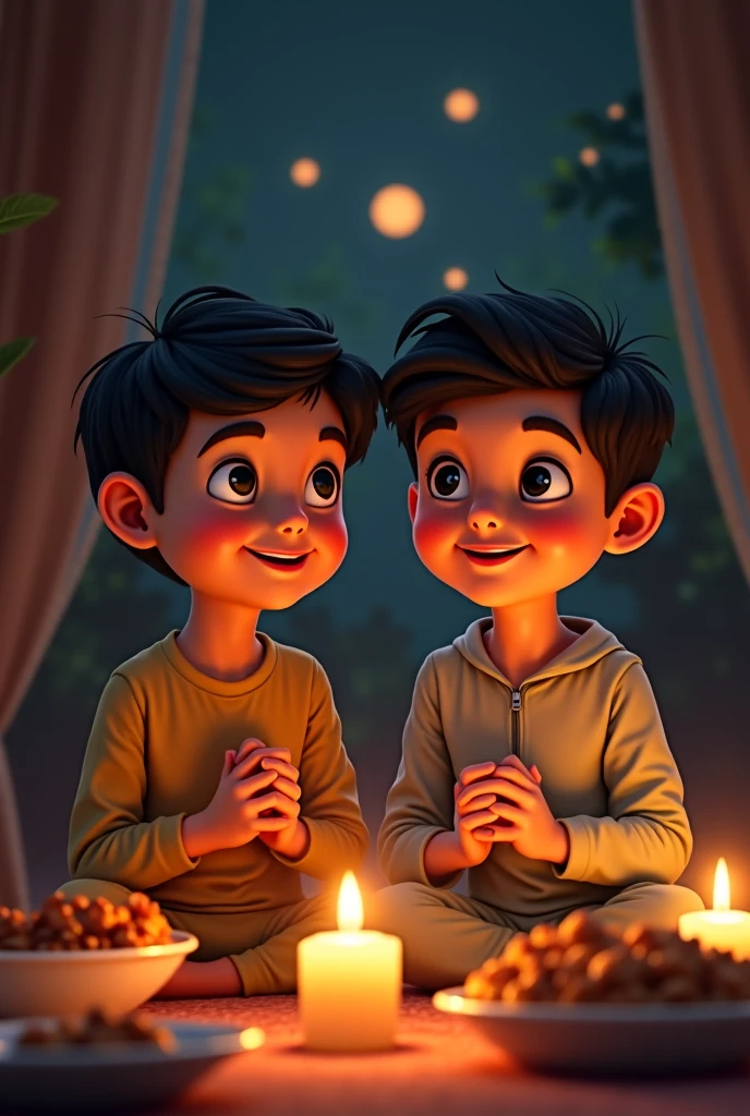 Create 3D image of Indian devotional boy sitting next to makka mohd taha and boy is seeing flute, they both are on sitting and sitting is nicely decorated and standing together, boy is wearing black color T-shirt with name “mohd taha ” written on it, heaven like beautiful scene background, star moonrealistic image and boy is bare feet.
