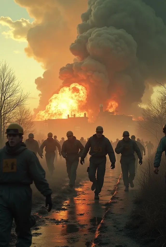 Create image of Chernobyl nuclear disaster where operator's are running for life