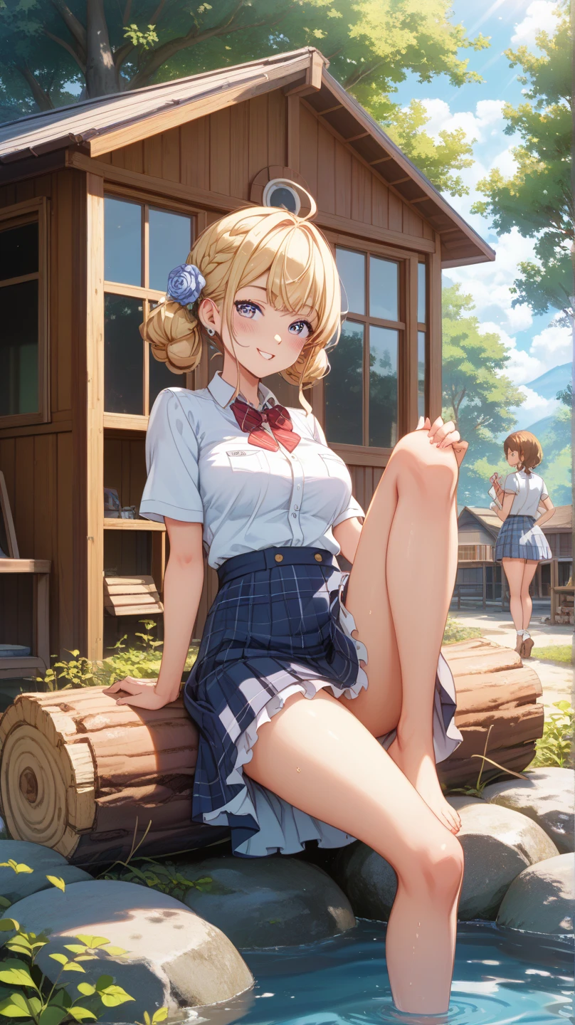 ((topless)), nsfw, masterpiece, 1 girl, erect nipples, nipples, navel, necklace, scottish kilt, smiling, hair ornament, bare breasts, bare stomach, sweaty, cowboy shot, small breasts, puffy nipples, hair ribbon, texts, bare arms, collarbones, blonde, flower crown, smiling, petite, flat chest, blue eyes, scottish skirt, small breasts, child, apple basket, farm, alpine, temperate, , slim waist, snowy mountain