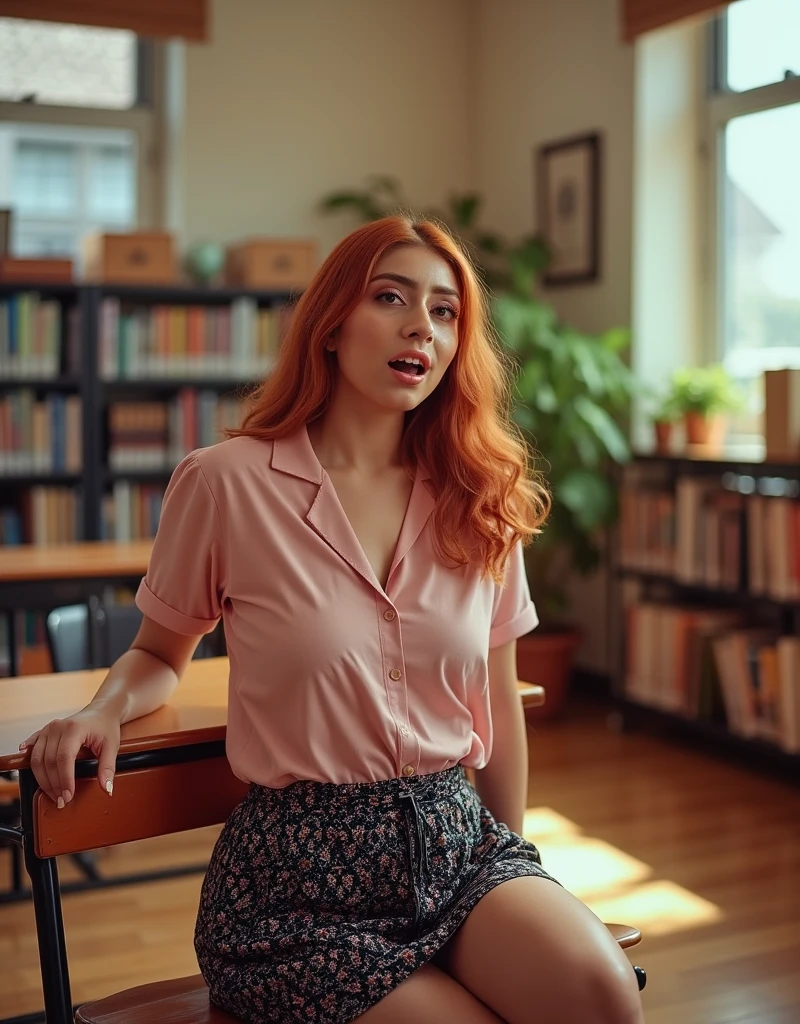 Lia a girl with pink hair, (fare skin), curly hair, studying in her peach pastel room, cozy study desk, laptop, notebooks, study table, glasses, large window overlooking beautiful nature scenery, (staring at the scenery), floral notebooks, (raining), (fare skin), (sunrise time), (fare skin)