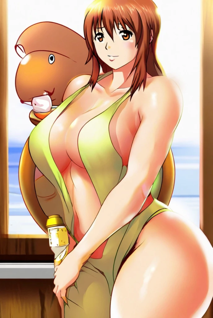 Diane (seven deadly sins), in an orange bikini with thigh highs(orange), hot spring, pigtails to her shoulders with big boobs, cute, sexy, erotic, hentai, full body to her ancles, single, light brown hair, purple hair, calm
