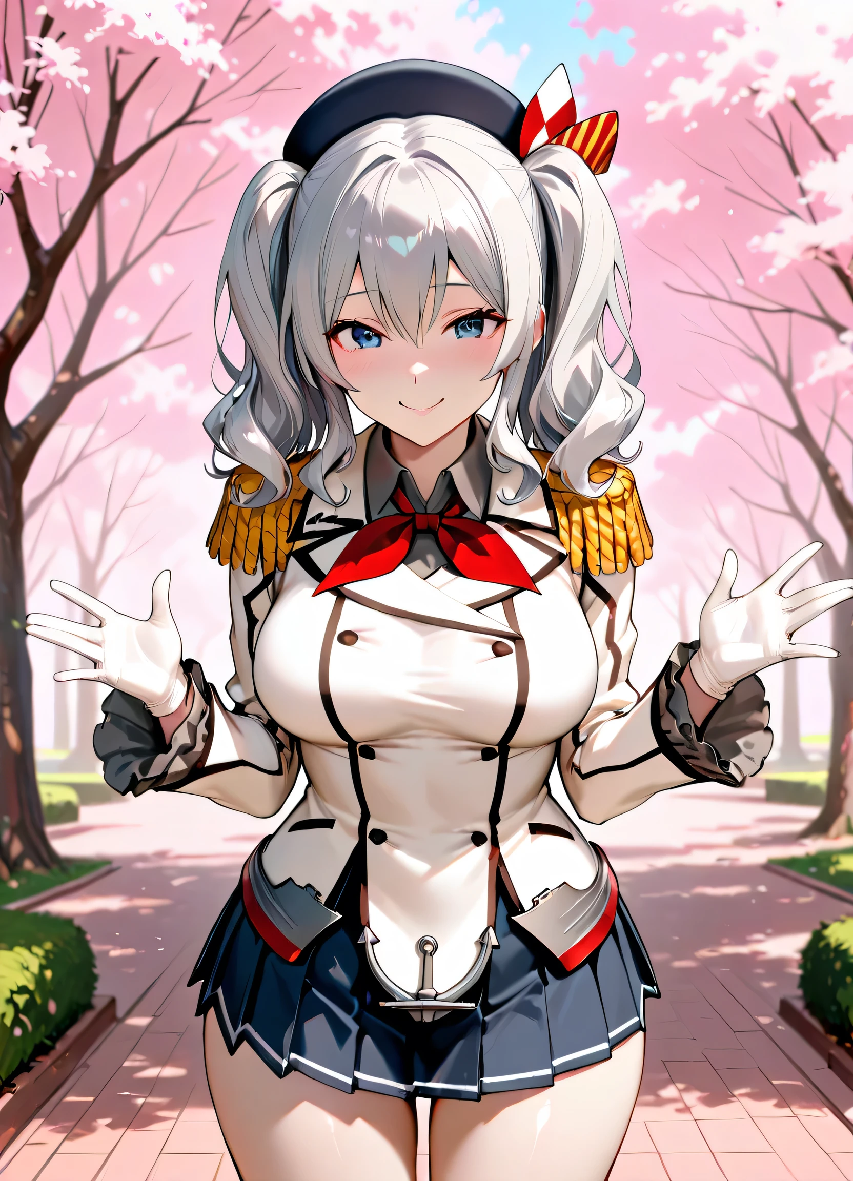 ((Top quality)), ((masterpiece)), (details),
High resolution, super detailed, very detailed CG Unity 8k wallpaper, real, photorealistic,
Beautiful fine face, detailed face.
Pale skin, realistic shining skin.
Detailed fabric texture, detailed hair texture.
(Eyes with attention to beautiful details: 1.5),
(Small hand), ((perfect hand)).
Slim legs, detailed legs.
((Perfect Anatomy)).
Perfect lighting.
Break
A girl,age:18,
鹿島(艦隊コレクション),
Kashima (kancolle),
Kashima (fleet girl’s collection),
(Gray hair:1.5), Medium Hair, wavy Hair, (twin tails),
(blue eyes:1.2),((Big smile:1.2)),
(Slender: 1.1), (big chest: 1.2),
(Most big butt: 1.3), (Fluffy thighs: 1.1),
Break
A girl,age:18,
Navy, white military uniform,
Beret, epaulettes,
Red neckerchief,
white gloves,
jacket, ruffled sleeves, long sleeves,
pleated skirt, miniskirt, anchor, peace sign both hands, Concentrate face,
Break
According to the right side,
At garden with cherry blossoms,