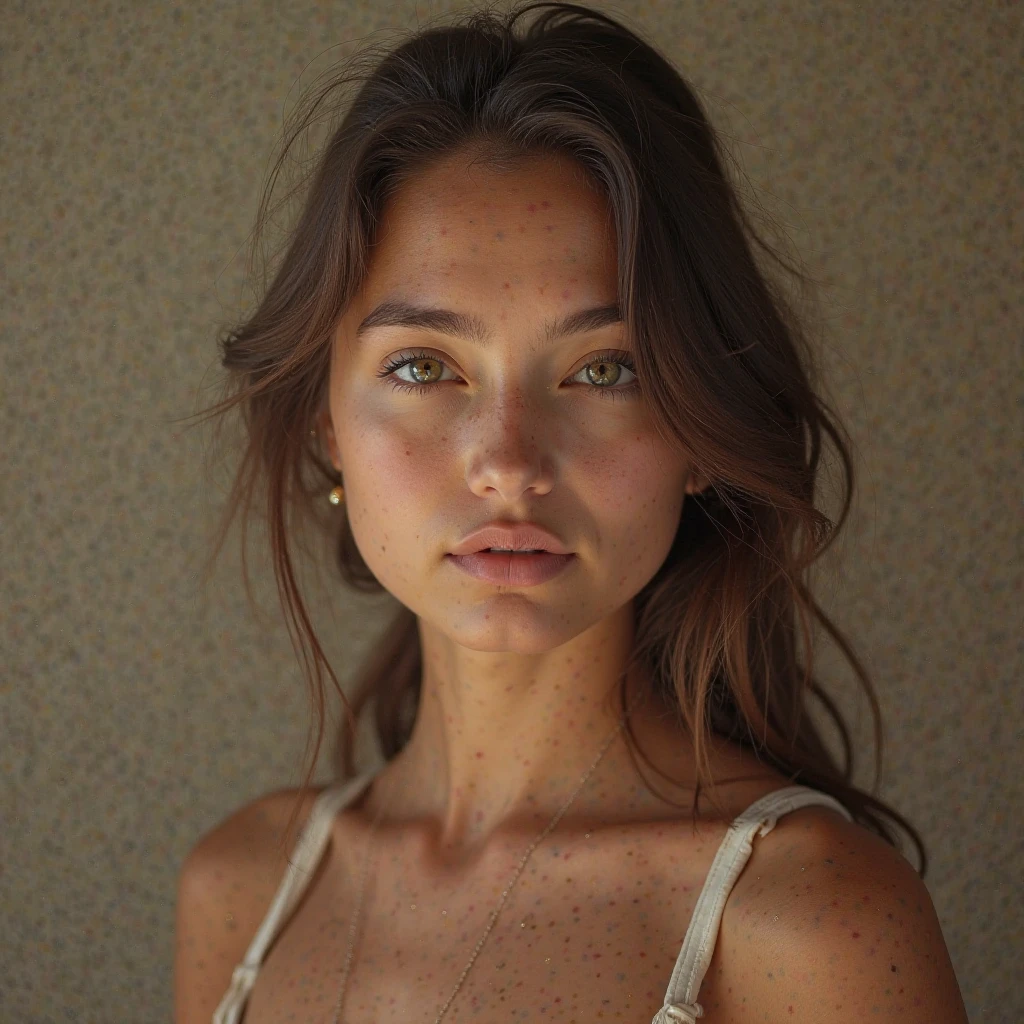 portrait, high quality, young woman, light red, mestizo, dark-skinned, Plump lips, high cheekbones, freckles, green eyes
