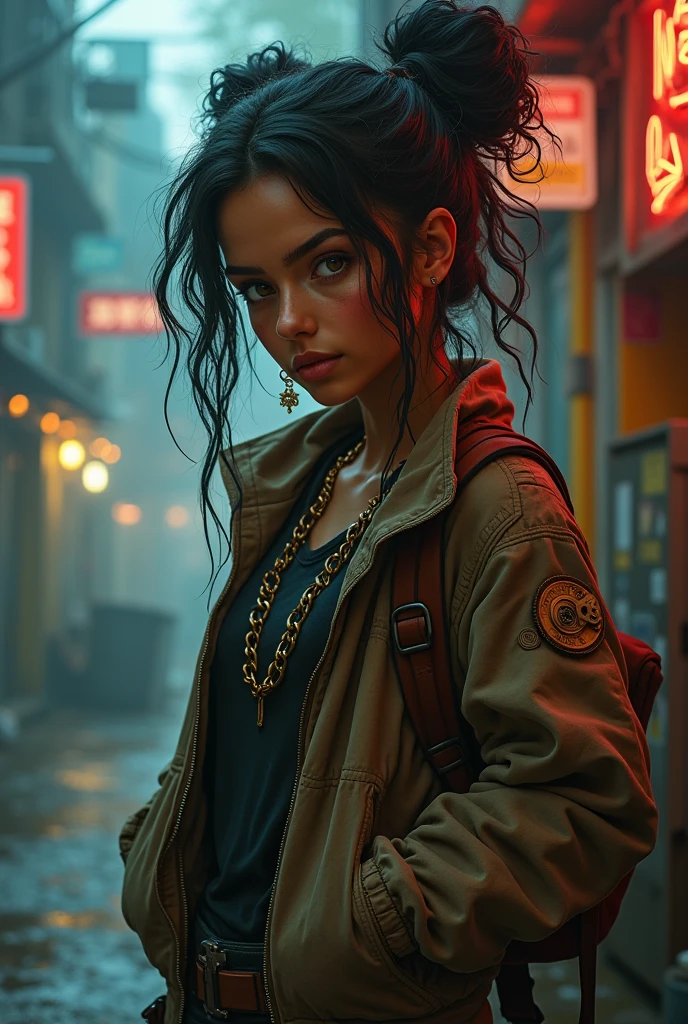 make a girl on the busy streets of manila Philippines, homeless looking with misty green aura with flies, broken clothes with brown on them, morena and Filipina, with a text saying "omega:  Joanna"