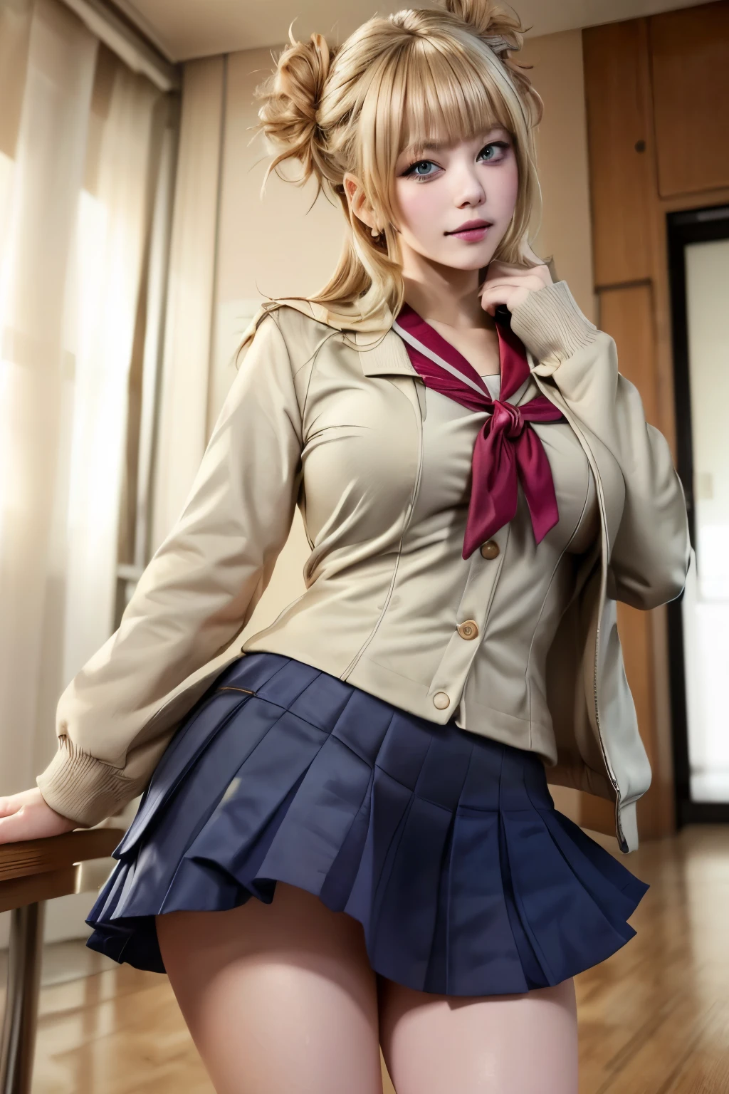 realista, t4k ,detailed texture, detailed eyes, blonde woman in a short skirt showing her pussy, open jacket, showing the breasts, seios nu, posing for a photo, wearing Japanese school uniform , Cute schoolgirl porn, nudez sexy