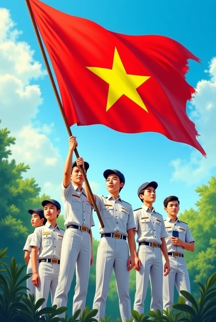 Draw a 3D character of a 10-year-old boy, there is a flag banner in below with the words Juan, wearing a white uniform with a red and white badge in the background, with a salute pose like a hero, Behind it there is a red and white flag in the form of a splash. Add the Garuda of indonesian symbol and flowers around him, realistic, HD