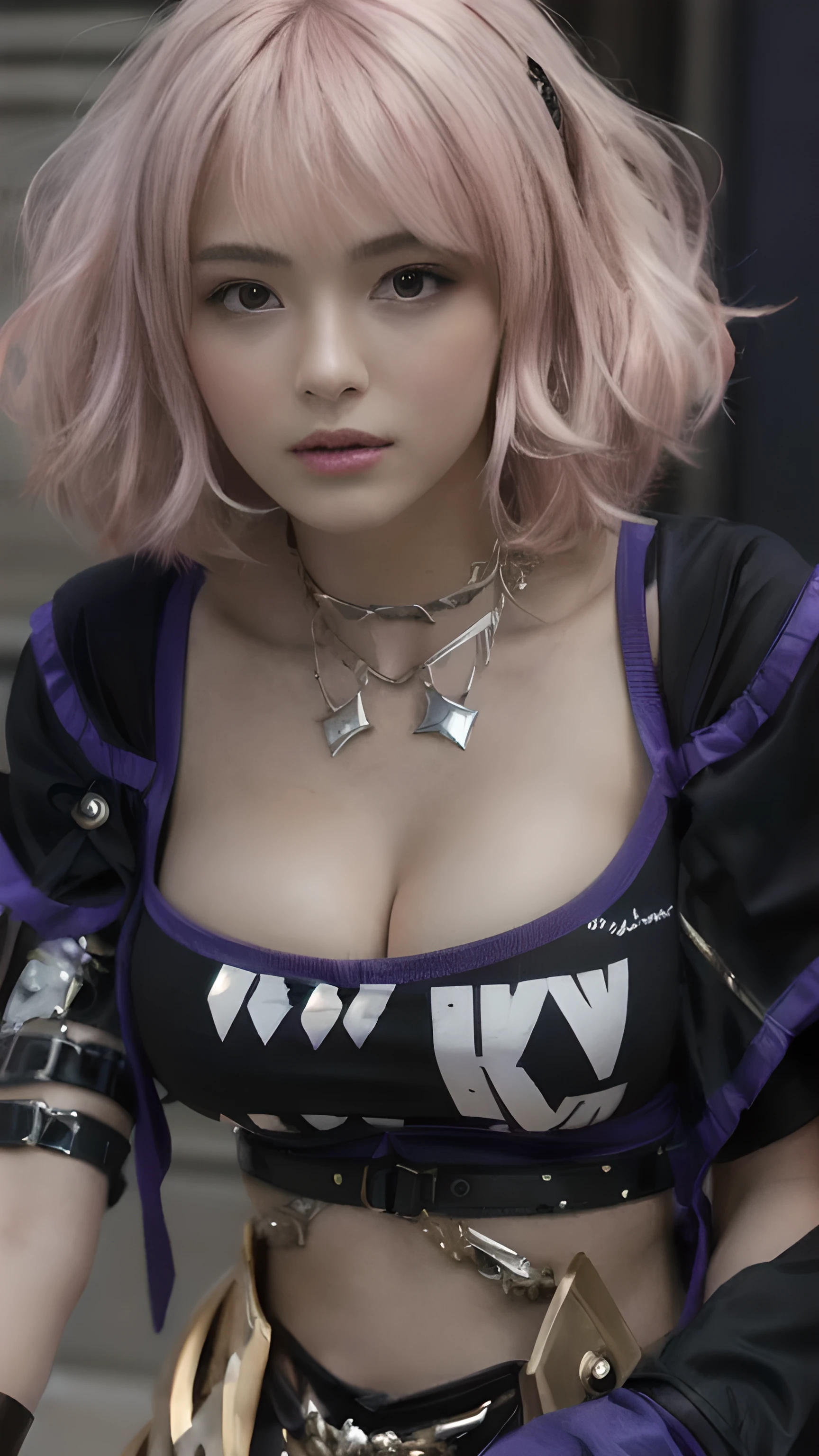There is a woman with tattoos on her arms and chest, pink body, pink halter top, bralette, wearing a sexy cropped top, her belly button is exposed, wearing bra, pink body belt, wearing a low-cut tank top, a little pink, female model of 2 4 years, hot pink halter top, thicc, in a black betch bra, mechanical girl,  (((ultra realistic details)), portrait, global lighting, shadows, octane render, 8k, ultra sharp, metal, intricate, detailed ornaments, cool colors, egyptian detail, highly intricate details, realistic light, trend in cgsociety, bright eyes, front camera, neon details, mechanical limbs, blood vessels connected to tubes, mechanical vertebra attaching to the back, mechanical cervial attaching to the neck, sitting, wires and cables connecting to the head
