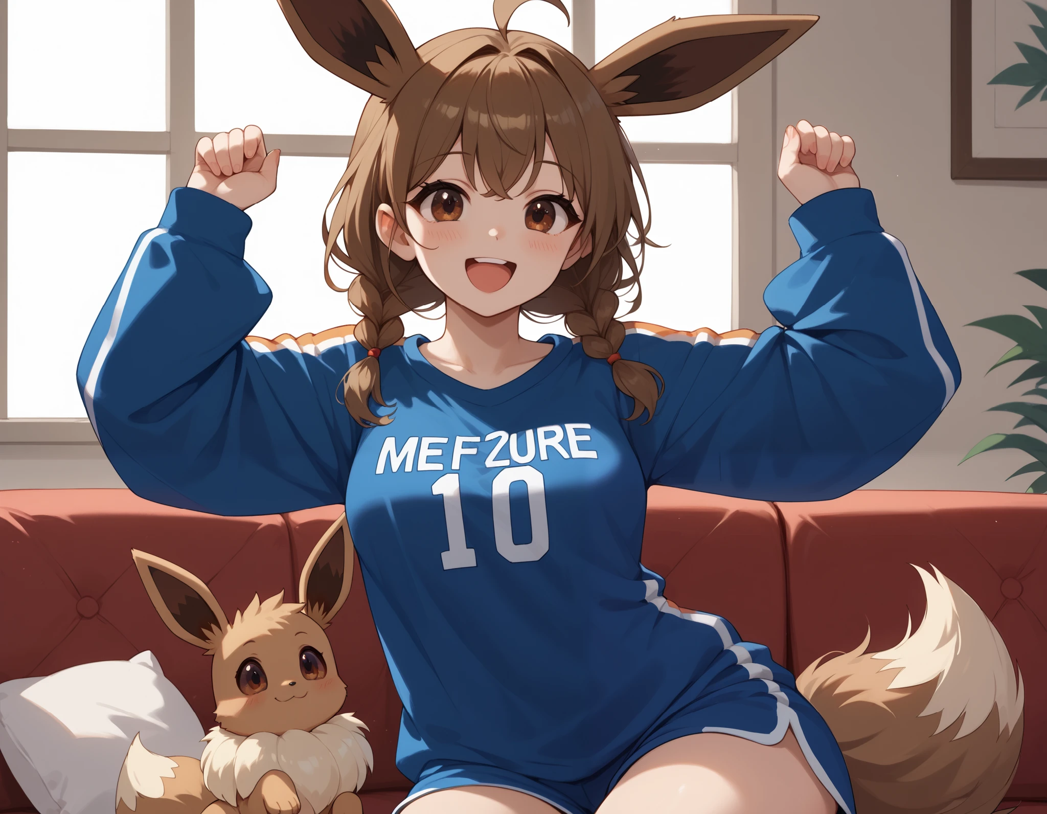 (Masterpiece) (High Detail) (High Res) Wide shot of A very short, cute and petite Human female with pale human skin and brown eyes and long brown braided hair and fluffy brown pointed Eevee ears and a long fluffy brown Eevee tail with a light tip and medium breasts. She looks like she is having fun. Human with Animal Ears. She is wearing a big blue oversized icehockey jersey. Sleeves too long. Oversized clothing. She is sat at home on the sofa and is getting very excited and cheering about sports.. She has one hand in the air and is cheering and looking happy. Oversized sleeves. Bottomless.