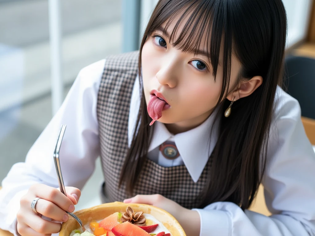 highest quality, Pieces fly, Ultra-high resolution, (that'Photorealistic:1.4), RAW Photos, 1 girl, ((Cafe staff)),((Cute Uniform)),(white t-shirt and jeans)),((beige apron)), Hair tied up, Plain black newsboy cap,Slender body,Fine grain,(Realistic eyes),Delicate face,realsK-san in,Detailed Hair,Detailed sKさんin, Very large breasts, Big Breasts, Always wear glasses, Pretty face, Blowjob, Holding an invisible cylindrical object and bringing it close to his mouth, Kneel, Close ~ eyes, Drooling is coming out of the mouth