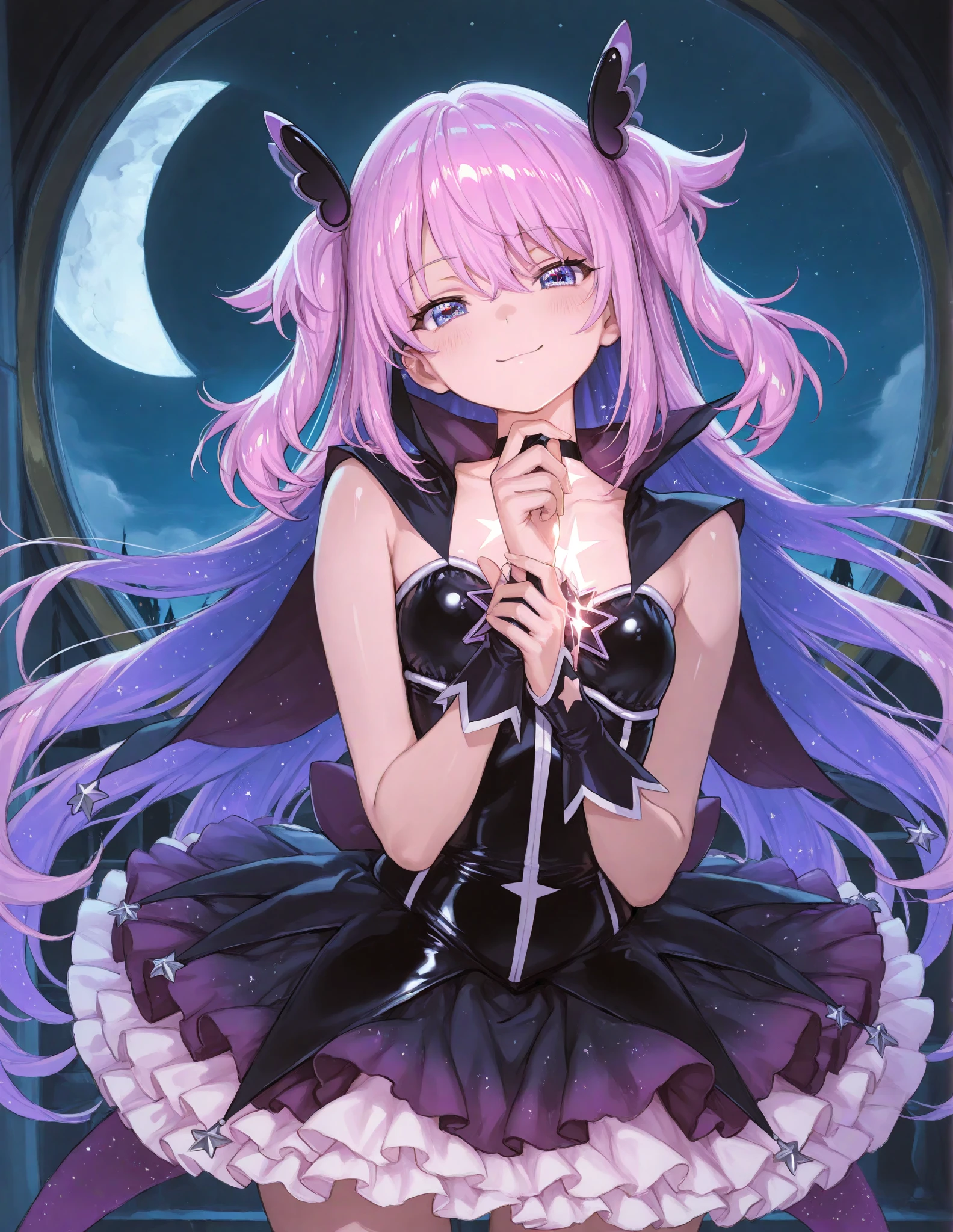 ((8k, Highest quality, masterpiece: 1.3)),Ultra-high resolution,(1 girl, alone), (Color changing eyes, Ultra-detailed, Expressive brilliance, Glitter, Glowing Eyes), Highly detailed eyes, Highly detailed face, Random Hair, ((pastel colour))Succubus Costume with Horns and Tail
"Design a Vtuber character with her purple hair styled in a high ponytail, adorned with small, elegant horns that fit her succubus costume. Her eyes are bright purple, radiating a playful and enticing vibe as she smiles directly at the camera, her expression cheeky and inviting. She is wearing a sexy succubus outfit featuring a fitted bodysuit with cut-out details, a short skirt, thigh-high boots, and a small, swaying tail. She is posing confidently in her bedroom, where the lighting is dimmed to a soft red glow, with plush pillows, scattered Halloween treats, and a few spooky decorations like hanging bat cutouts and fairy lights. The ambiance is intimate and captivating, perfectly highlighting her flirty and bold character."
