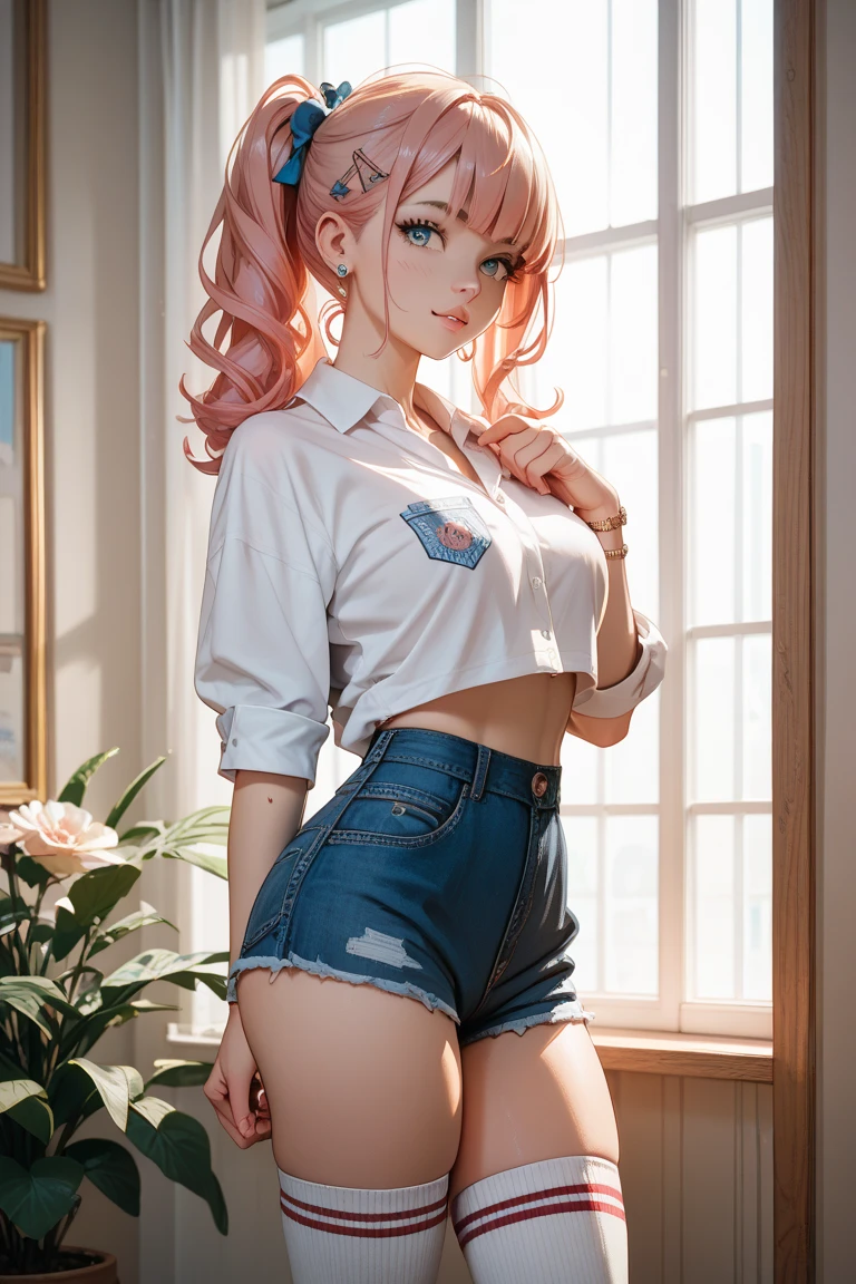 (best quality,masterpiece:1.2),absurd,1girl,open legs,twin tails,smile,((hand in panties)),detailed eyes,detailed lips,illustration,realistic,soft lighting,vibrant colors,bokeh,playful,mischievous,erotic,provocative,dreamlike,sexy pose,sensual,pink tones,creative composition,(camisa sin sujetadore),(small vragas)