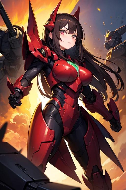 1girl, red eyes, dark brown hair, bangs, power armor, tropical rainforest, 2d, (anime), detailed, illustration, intricate