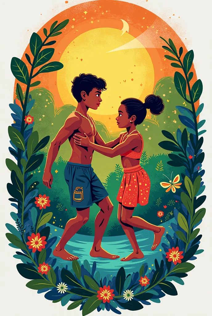 Logo representing indigenous and quilombola engravings and drawings about friendship between children playing