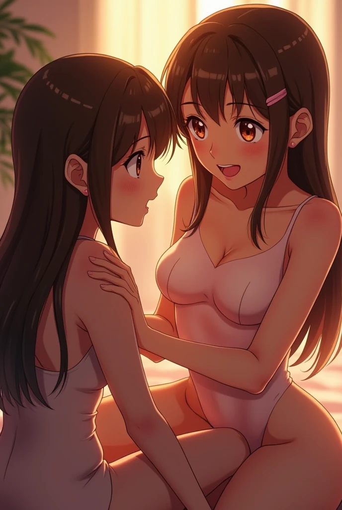 shinkai makoto, Kimi No Na Wa., 1 boy, Shaved head, , Boys are behind girls, Touching the chest, Rubbing breasts from behind, grab, grabbing chest,chestgrab behind back, Remove your bra, Hold the bra, Embrace, Embrace, Kiss on the neck, One girl, Black Hair, Waterfall knitting, Red ribbon, Long Hair, Brown eyes, blue star necklace, Light Cardigan Pink, Open shirt, Yellow shirt Open shift, belly button, White bra, White pants, cute, Open your mouth, whole body, Long sleeve, Cowboy Shot, masterpiece, On a date, Blushing, Bedroom, night, Sit on the bed , Shaved head