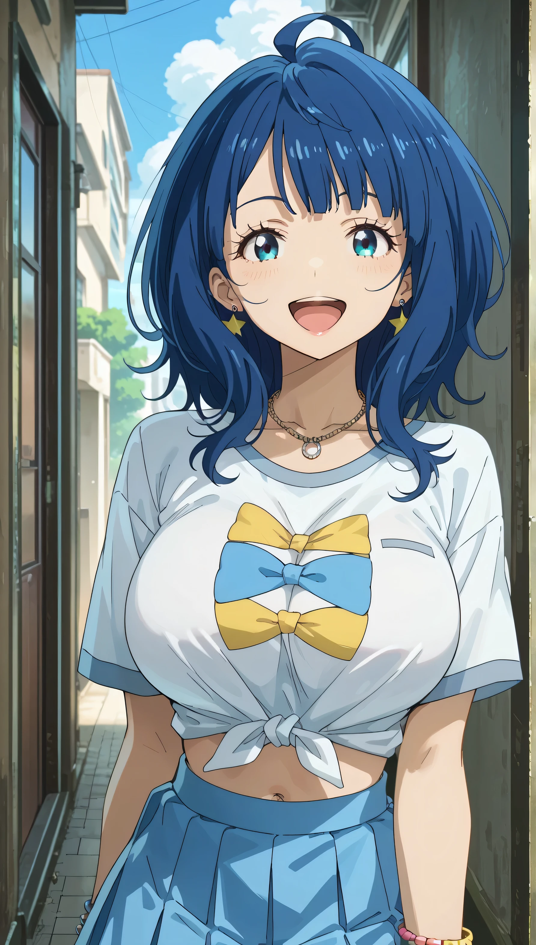 SimplePositiveXLv2, yanamianna, medium hair, ahoge, middium breasts,blue hair,blue eyes, earrings, ear piercing, score_9, score_8_up, score_7_up, source_anime, masterpiece,best quality, huge breasts, off shoulder shirt, tied shirt, blue skirt, flashy gyaru, happy, showy,too many accessories, colorful , kogal, kogal gyaru, necklace, earrings, bracelet, navel, midriff,mouth open