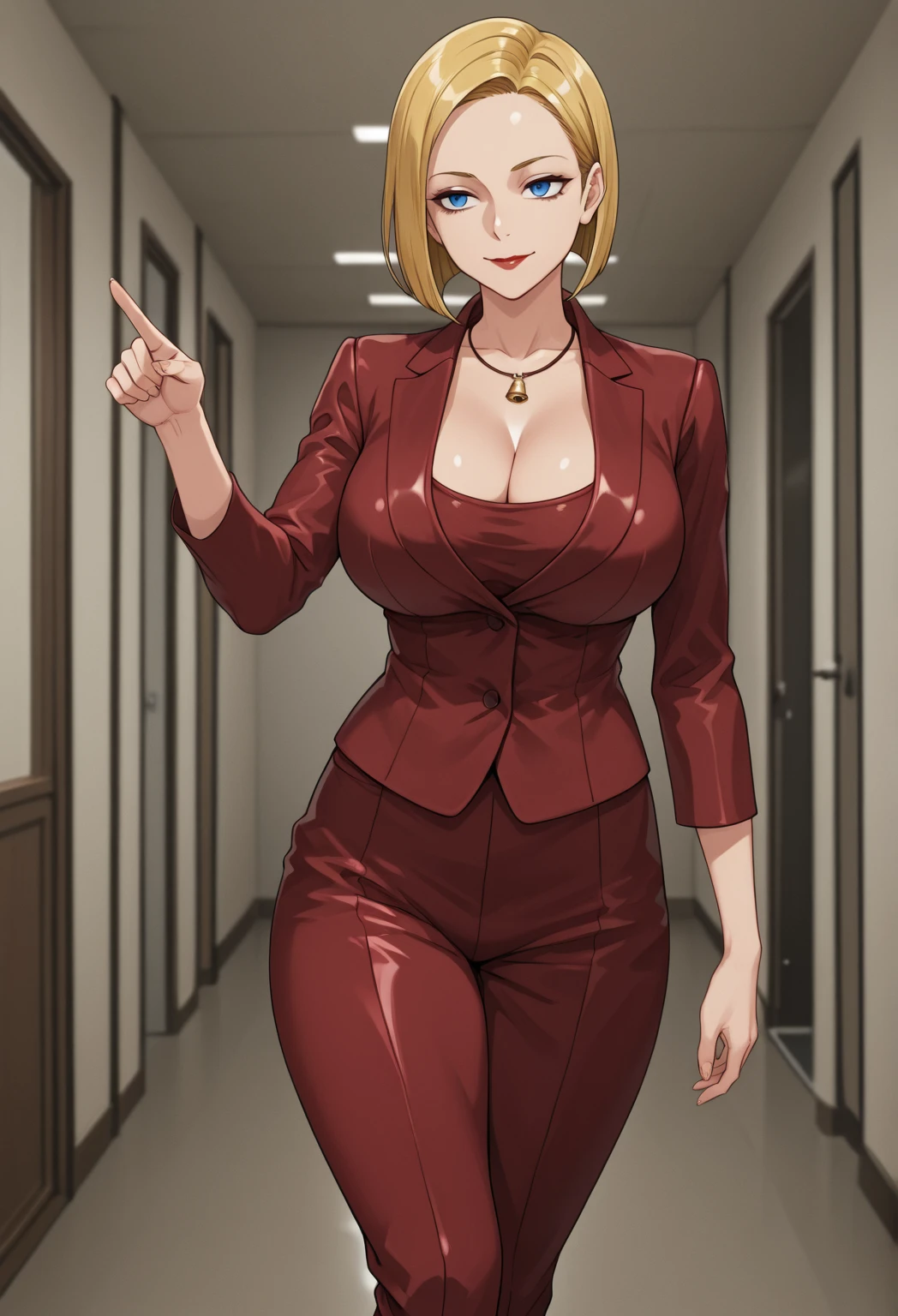 T-XSDXL,solo,1girl,medium sleek straight angled bob cut hairstyle,blue eyes,blonde hair,cleavage,jewelry,jacket,bell-bottoms trousers,flares trousers,necklace,black heels boots,lips,formal,suit,lipstick,large breasts,cowboy shot,room,room background,are expressionless,Empty look,sadistic smile,legs crossed,shows off her breast/cleavage,pointing the right finger at the spectator,looking at the spectator