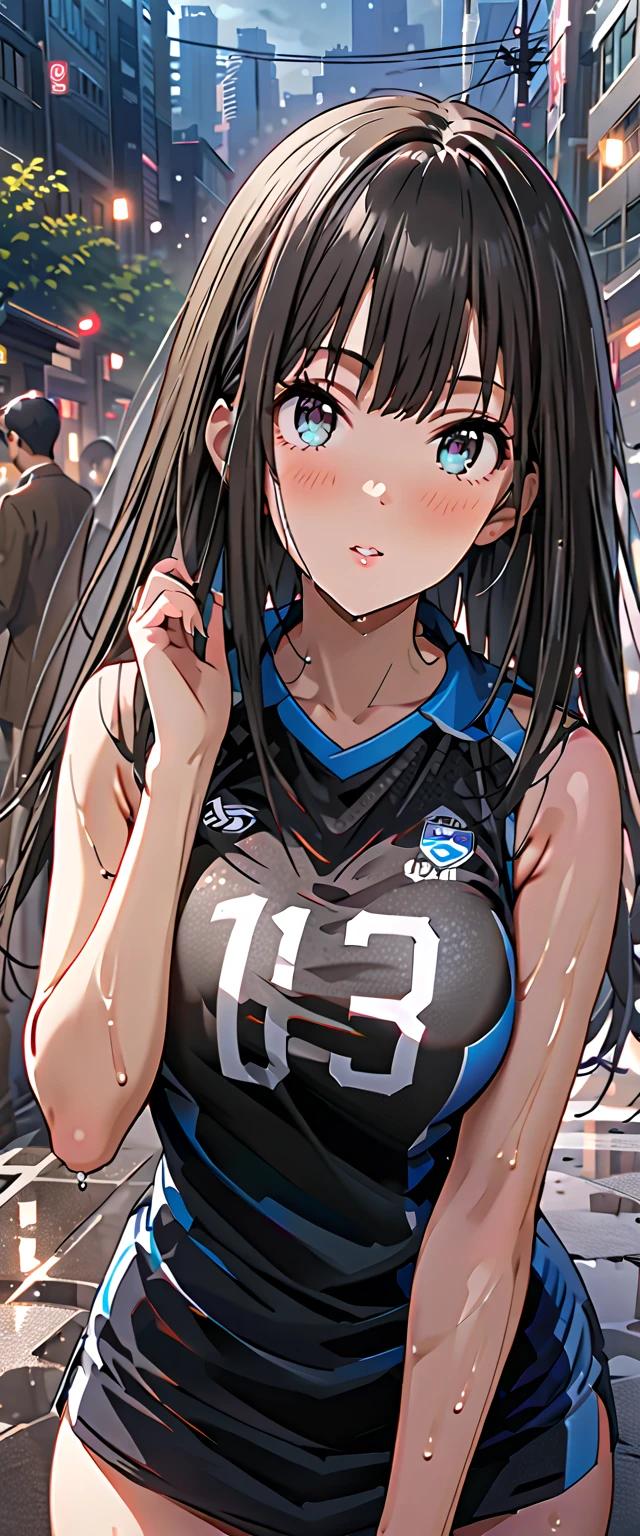(highest quality:1.2, Very detailed, Latest, Vibrant, Ultra-high resolution, High Contrast, masterpiece:1.2, highest quality, Best aesthetics), (((1 girl))), Beautiful woman, (smile), Photon Mapping, Radio City, Physically Based Rendering, Cinema Lighting, Basketball court,Written boundary depth, Sharp focus,Sunbeam, Good composition, (Bokeh:1.2), Watery eyes, Fine grain, Random Pause, Tight waist, Volleyball Uniforms, Shorts, Black Hair, Shiny straight hair, Long hair blowing in the wind,Large Breasts、（from above:1.1）