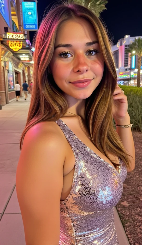 Brooke monk sitting outside a local restaurant table, wearing a short purple dress, beautiful looking, grinning, long wavy brown hair, shiny eyes, full body view, hair off to one side, very big breasts, looking toward viewer, breasts covered by dress, dress is tight around boobs, hard nipples pressing on dress, bursting breasts