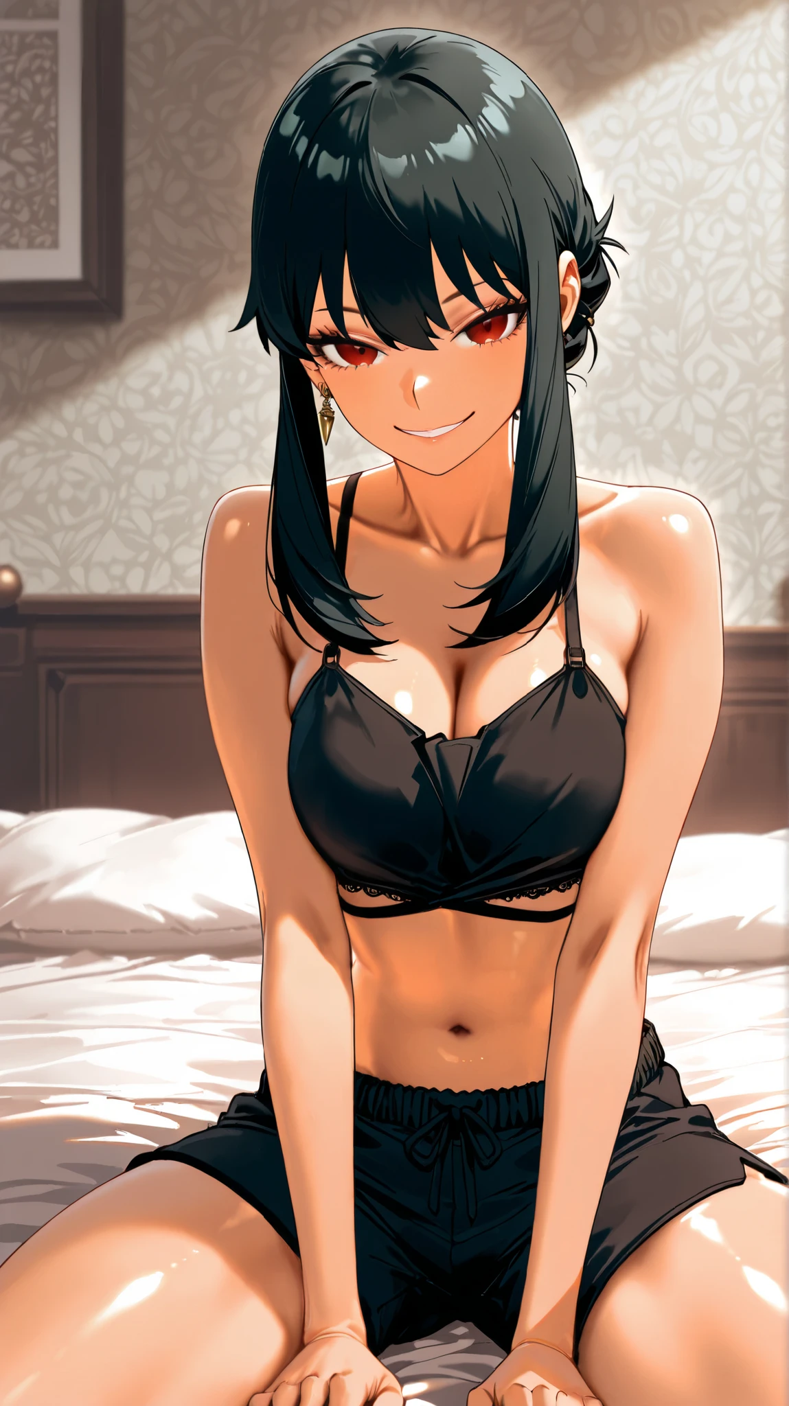 1girl,a beautiful fashion model ,(masterpiece, official art, best quality) (blue eyes) ,long and shiny hair, black hair, long ponytail, hair strand between eyes, full lips, upturned nose ((((tan skin, bronze skin, 1.3)))), big boobs, stripping, elegant makeup, exhibitionism, naked in public, akali, slim thighs, toned body, shiny skin, sexy pose, blue eyes,(( (slender, skinny, slim))), (((bewildered, shocked, blush)))), narrow hips, wearing black thong and see-through top, shirase sakuya, ((laying on bed seductively, laying on back, playful expression, arching back))