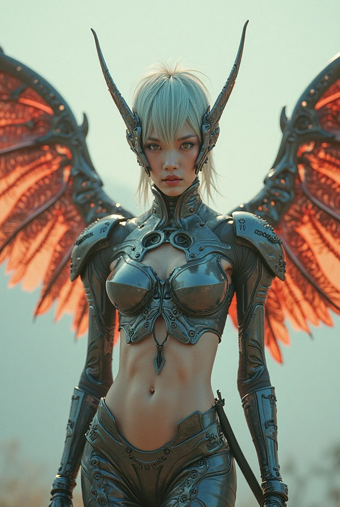 01_(Epic Character) (Dragon Girl). Horizontal composition with some offset from the format in the center. (Very beautiful creature, graceful form). (Alien creature, determined nature, menacingly beautiful). (Dragon girl, a fantastic fantasy image, a creature with pure white skin, created for love, composed of graceful forms shimmering in the light, he is ready to love). (The body is covered with armor, shell). Very beautiful head, alien shape, (hair fetish hairstyle, shamanic amulets). Very beautiful - exotic face, slanted eyes, sensual lips, parted mouth, white - neat teeth, small fangs. A half-naked body with white pearlescent skin, a wide neckline and small beautiful breasts, the body is covered with an exoskeleton, scars, hard black scales, the texture of the exoskeleton is artificial material (stone plastic and bionics, ground, polished, smooth, bas-relief, bionics, cyberpunk - they decorate the protective plates on a very beautiful body, shoulders, knees, arms). Anatomy of an alien creature with pronounced sexual forms. The armor is decorated with scars - notches, relic bas-reliefs of alien significance. 02_The composition is located in a horizontal frame. Eliminate symmetry, the main mass is not placed clearly in the center - with a slight offset. Magical, fantasy, sexy nature. 03_ Cold range of lighting, evening, blizzard, elements, gusty wind, slanting snow whirlwinds, dark blue, snowy background. Contrasting, clear lighting, warm magical light, clear cold shadows, contrasting image. Ice, snow, snow decor, intricate patterns. The highest image quality, a masterpiece, computer graphics. Cinematic level of performance, animated film. HD quality, wide format 8K. 3D visualization. The scene was recreated using the Unreal Engine. The highest quality, detail, texture, materials and clear forms (smooth bionics, synthetic material, artificial stone, plastic.