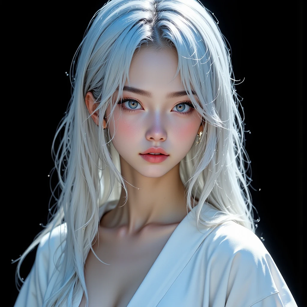 (8k, RAW photo, photorealistic) ,( lipgloss, eyelashes, gloss-face, glossy white skin, best quality, ultra highres, depth of field, chromatic aberration, caustics, Broad lighting, natural shading) looking at viewer with a serene and goddess-like happiness, masterpiece, realistic, photo-realistic), 1girl, white girl, symetrical face, close-up, Messy white hair, Smokey eyes, (looking at viewer:2), In a high-end fashion photoshoot, capture the ethereal beauty of a strong white goddess. Show her captivating presence with smokey eyes that exude power and elegance. Focus on creating a realistic portrait that showcases her regal aura, making her the focal point of the image, DLSR, film grain, cinematic, intricate details, 4K, 8k, hd