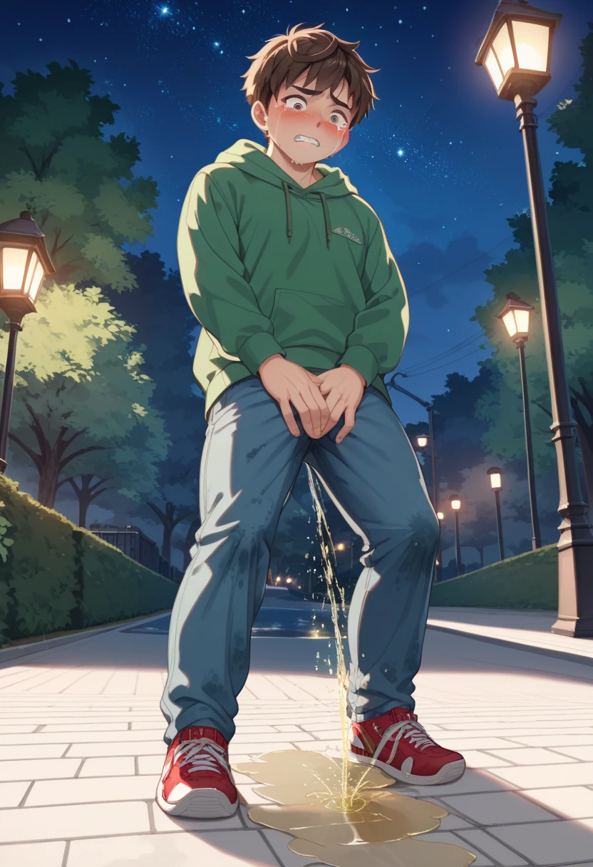 ((solo, 1boy,)), full body, standing, green hoodie, blue pants, red sneakers short hair, bangs, dark brown hair,, ((peeing self, wetting self, pee stains, puddle)), night time, park background, under street lights, starry sky, outdoors, seen from below, dynamic angle, blushing, penis bulge, (looking down, blushing, clenching teeth, fear sweating, crying, shocked expression, hands on head, standing)