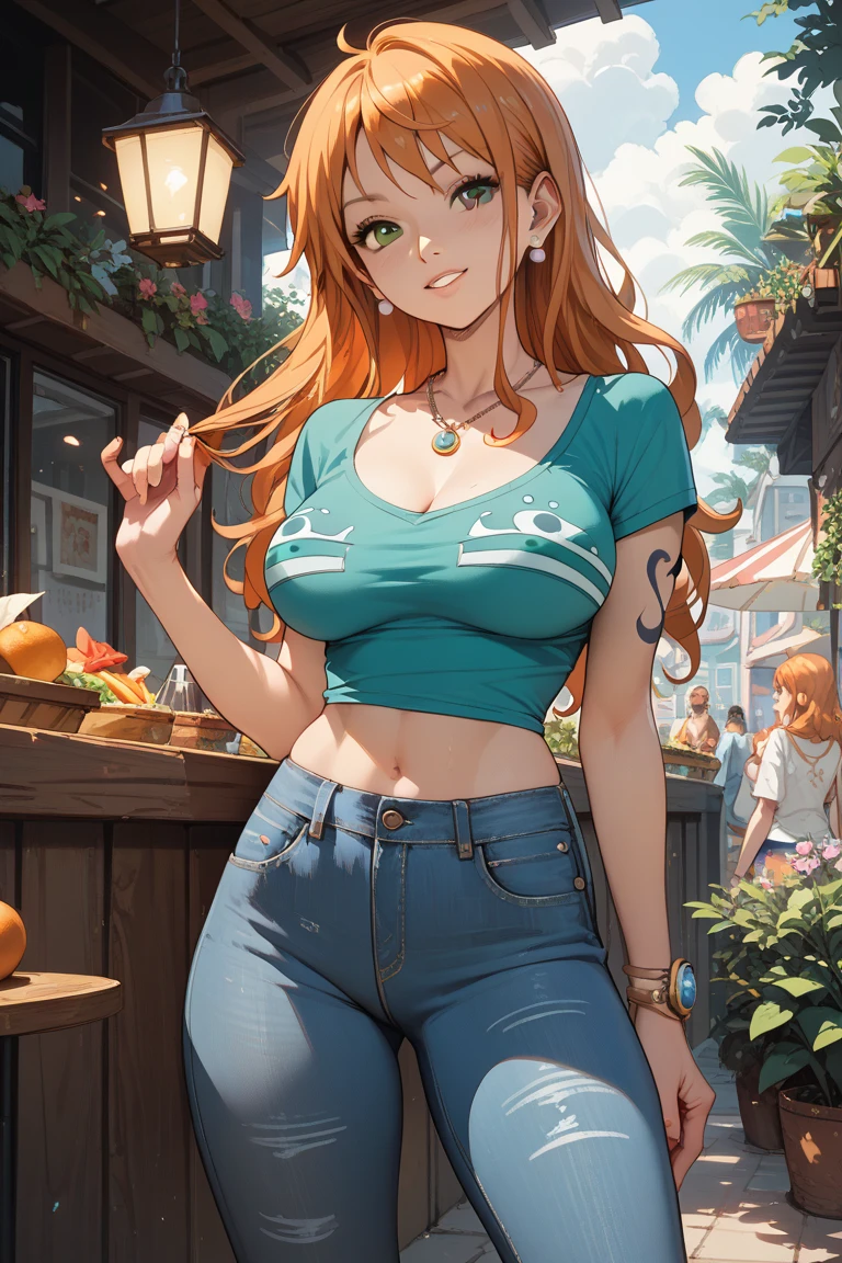 sunset shimmer,, shirtless, overalls over skin, bare shoulders, bare sleeves, bare arms, cleavage, cleavage behind overalls, medium breasts, facing forward, side cut, torso shown, leaning forward, down blouse, cleavage, (cabaret, burlesque, glamour), half-closed eyes, looking at the viewer seductively, pub, tavern, smirk