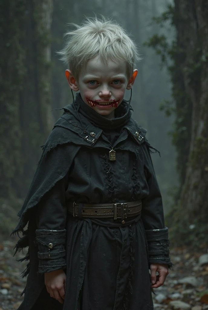 A boy in medieval black clothes, holding a needle with an eye in it, he is shy and has blood on his hands and mouth