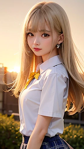 masterpiece, best quality, high resolution, fine detail, amazing and beautiful detail, different_images, 1 girl, solo, white shirt, yellow bow tie from below, blonde hair, red eyes, ( medium bust), (lower chest) , outdoor , plants, botanical garden, black jacket, yellow short skirt dolphin, hair pose