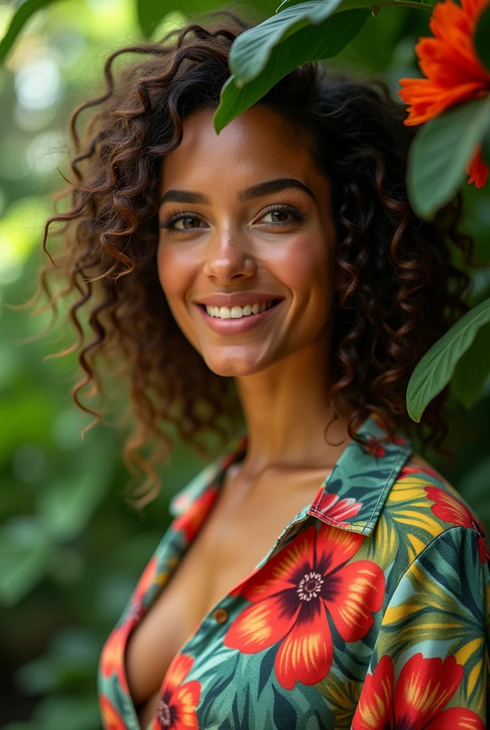 A Brazilian woman in a lush tropical garden, wearing an open shirt with a floral print, with a close-up capturing the harmonious beauty between her breasts and the natural flowers, showing off your natural charm and outgoing personality.