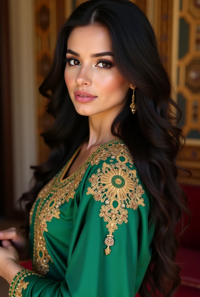 Women, mix of arabic and european, green eyes, king, hair up with a ponytail, big tits, very pretty