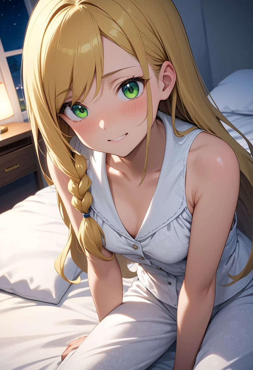 Masterpiece, (Best Quality), Alone, (Young Woman), Solo, Blonde Long Straight Hair, Big, Dog Ears, (Golden Eyes), (Pajamas with green and white stripes), Barefoot, Smiling gently, Slightly open eyes, Sweating a lot, Hands outstretched to us, (Lying on the back), (Very dark)), (Midnight Room))), On the bed, (Image of upper body only)